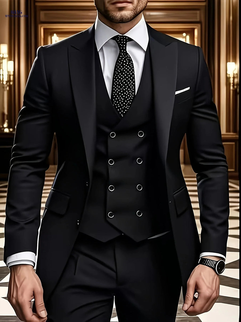 Men's Three-Piece Suit Set - Double-Breasted Vest, Jacket & Pants   OAXG 