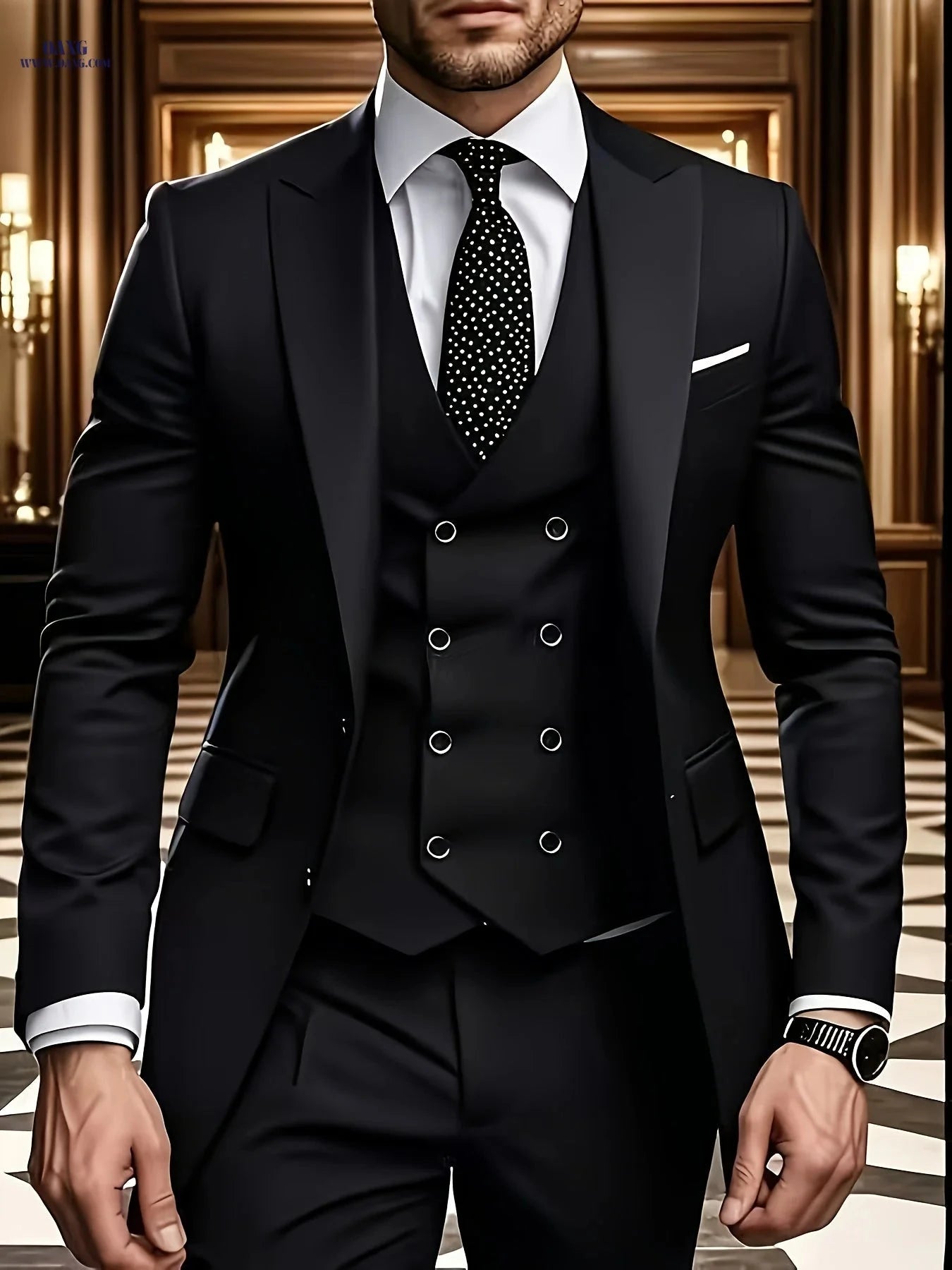 Men's Three-Piece Suit Set - Double-Breasted Vest, Jacket & Pants   OAXG 