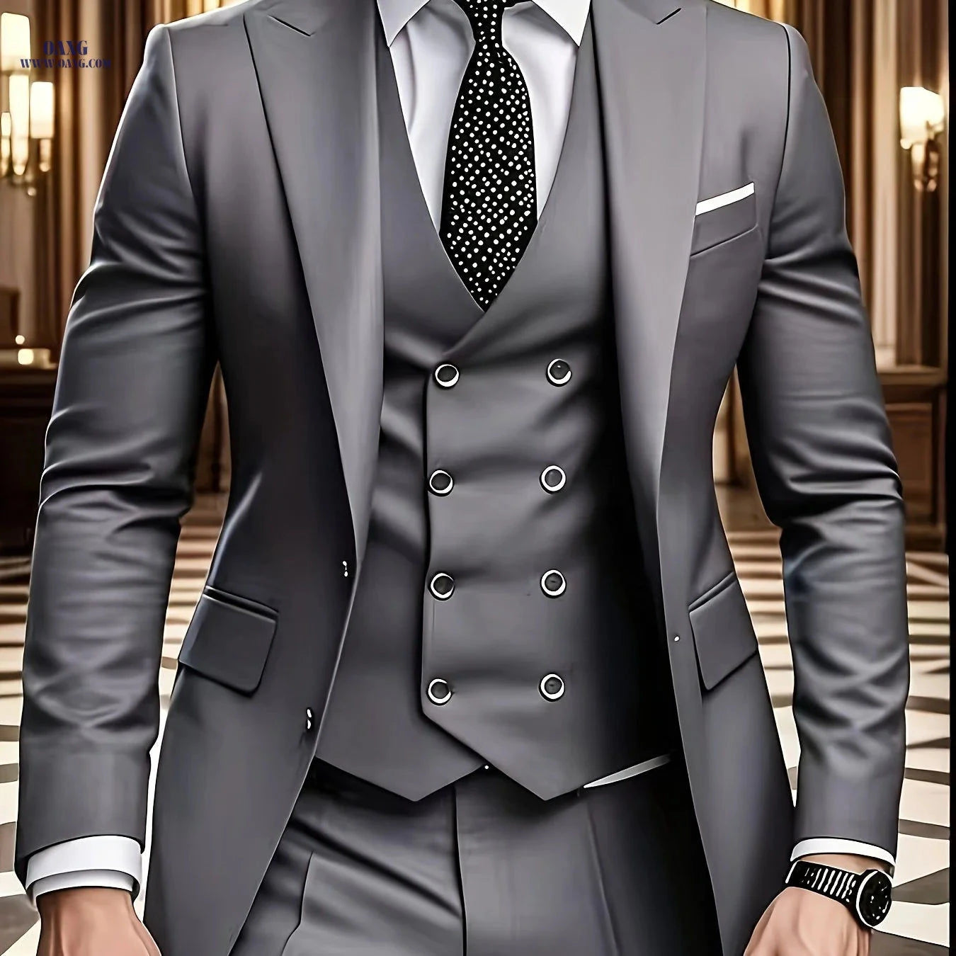 Men's Three-Piece Suit Set - Double-Breasted Vest, Jacket & Pants   OAXG Gray / FR XXS