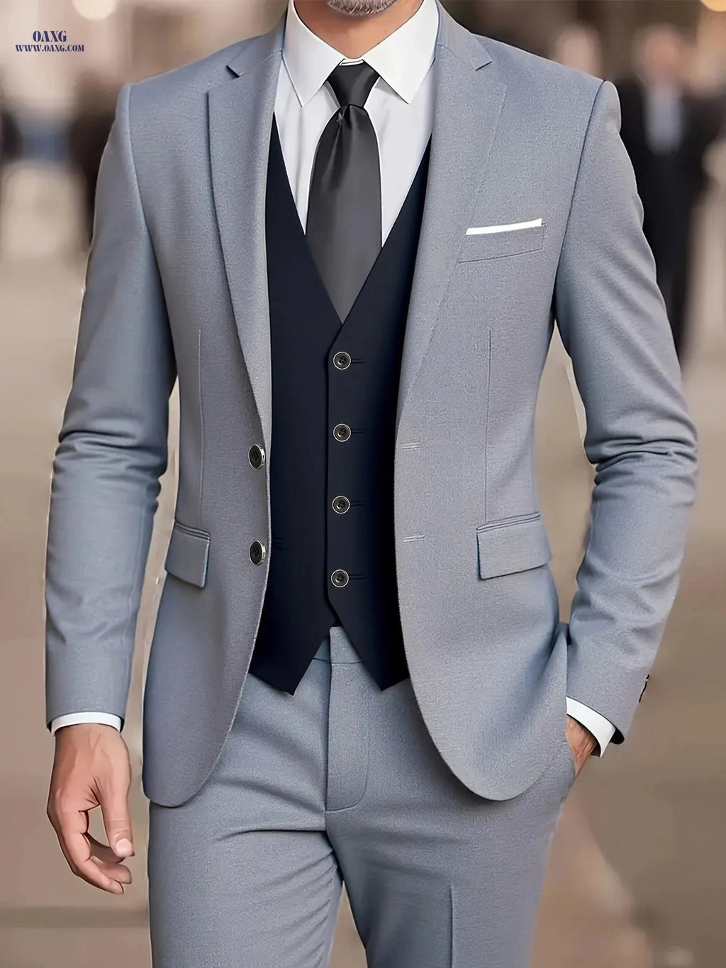 Men's Three-Piece Suit Set - Jacket, Vest, Trousers for Formal Events   OAXG 