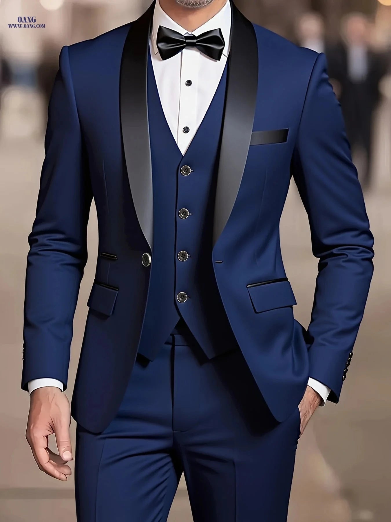 Men's Three-Piece Suit Set - Jacket, Vest, Trousers for Formal Events   OAXG 