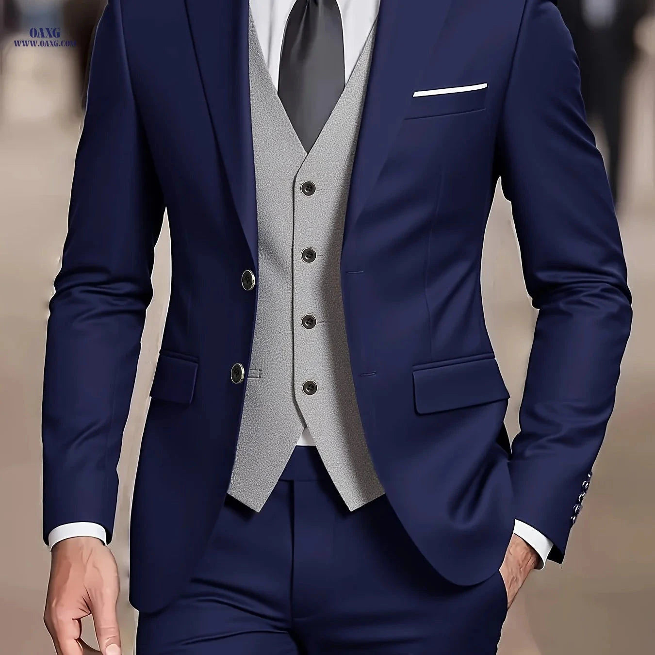 Men's Three-Piece Suit Set - Jacket, Vest, Trousers for Formal Events   OAXG 
