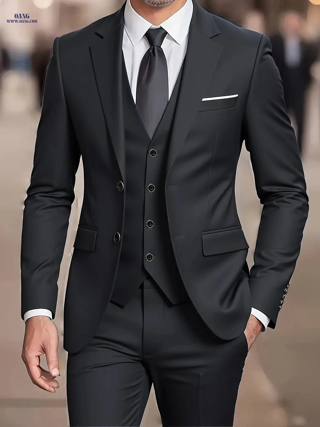 Men's Three-Piece Suit Set - Jacket, Vest, Trousers for Formal Events   OAXG 