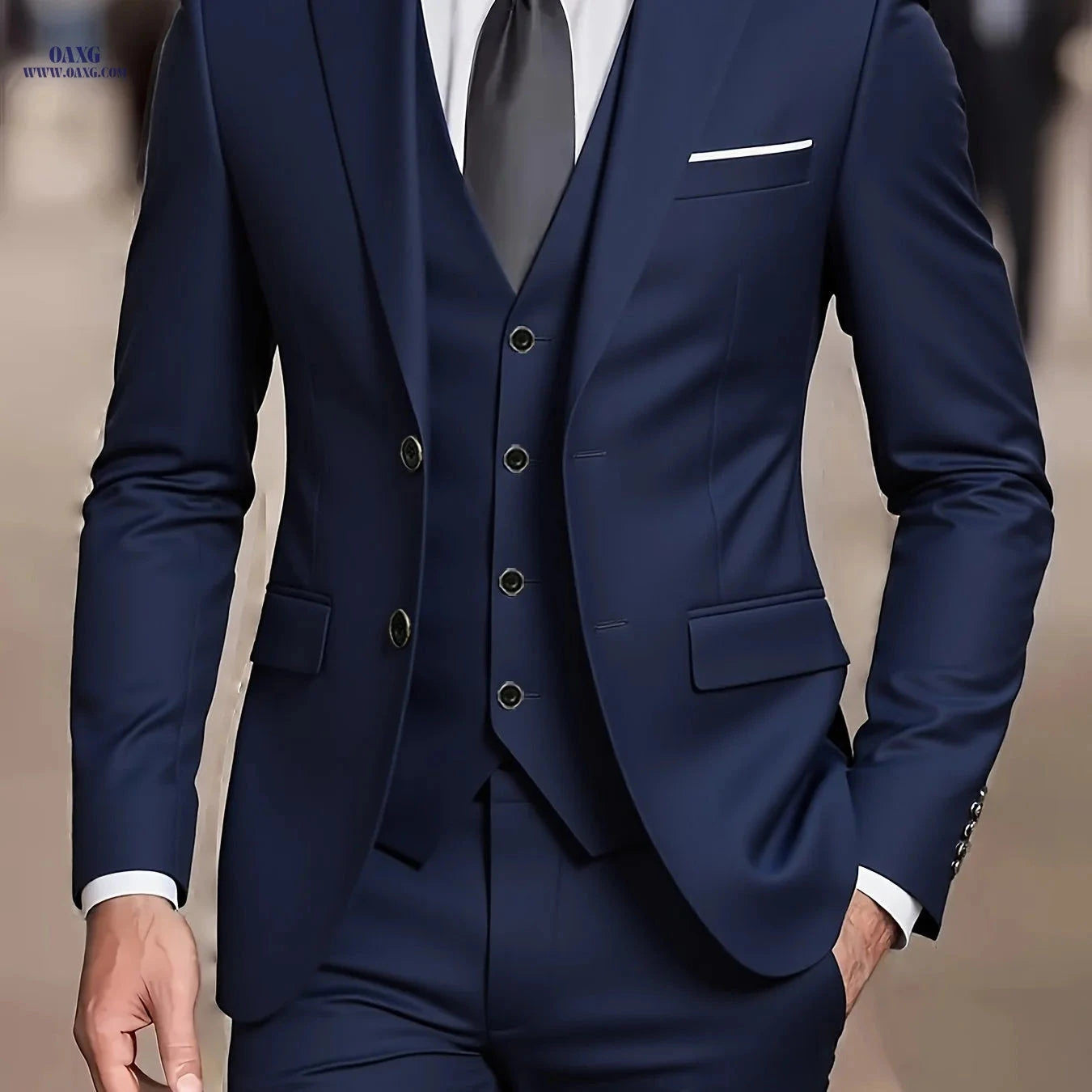 Men's Three-Piece Suit Set - Jacket, Vest, Trousers for Formal Events   OAXG 