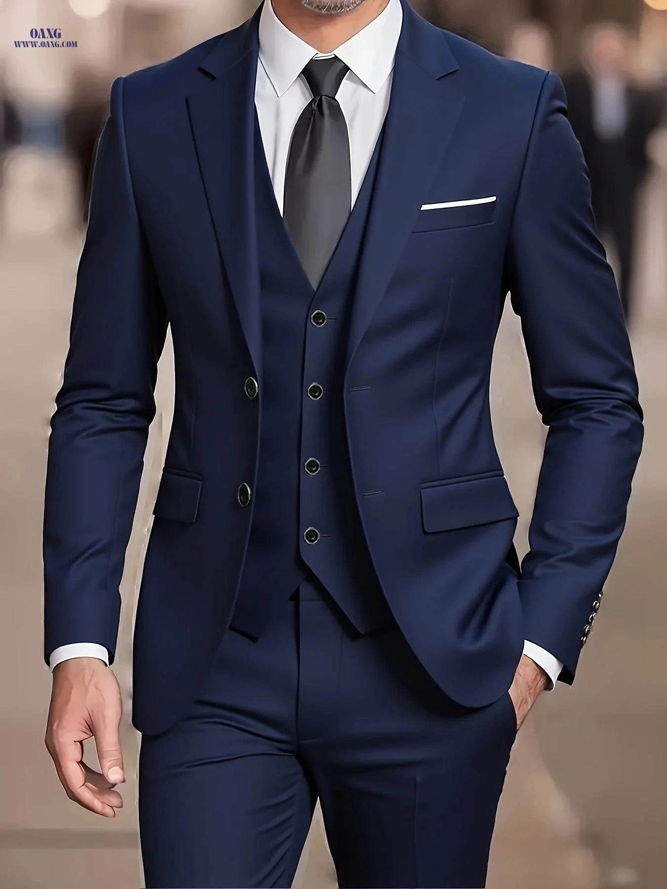Men's Three-Piece Suit Set - Jacket, Vest, Trousers for Formal Events   OAXG 