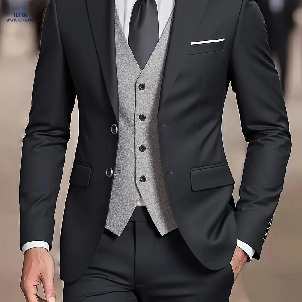 Men's Three-Piece Suit Set - Jacket, Vest, Trousers for Formal Events   OAXG Black 2 / FR XXL