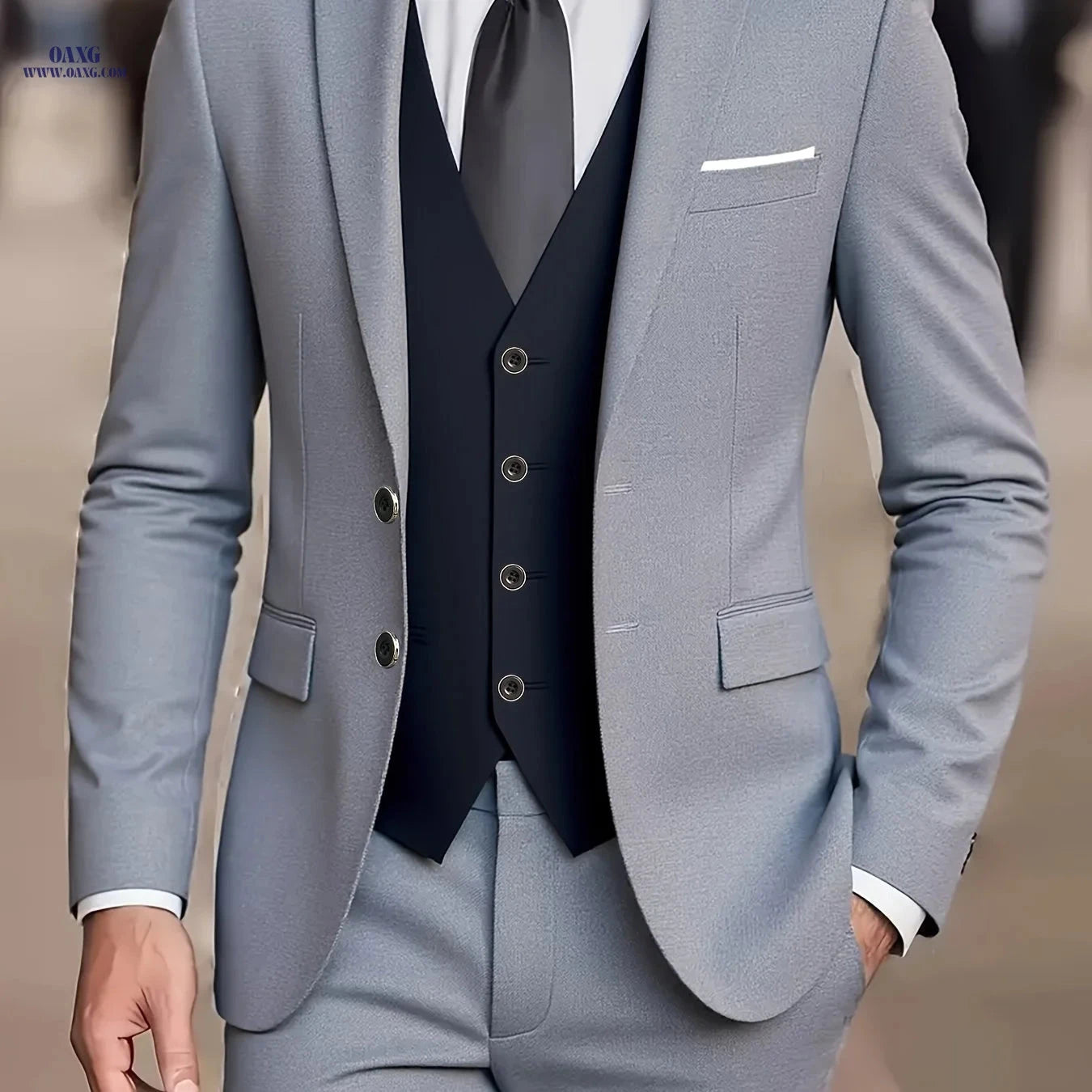 Men's Three-Piece Suit Set - Jacket, Vest, Trousers for Formal Events   OAXG Black 2 / FR XXL