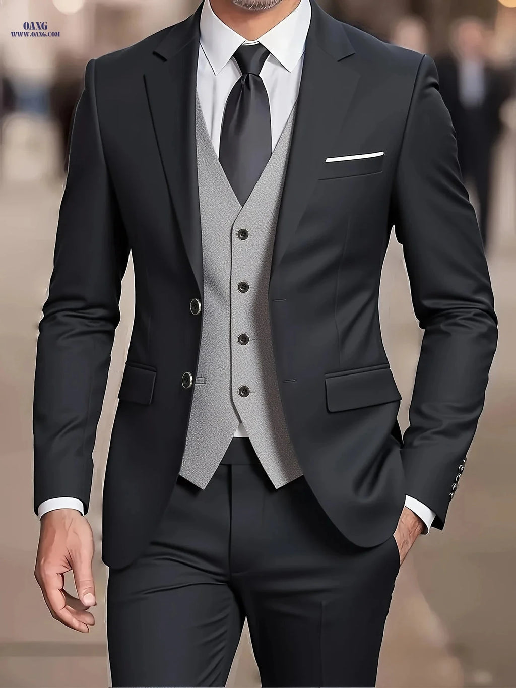 Men's Three-Piece Suit Set - Jacket, Vest, Trousers for Formal Events   OAXG Black 2 / FR XXL