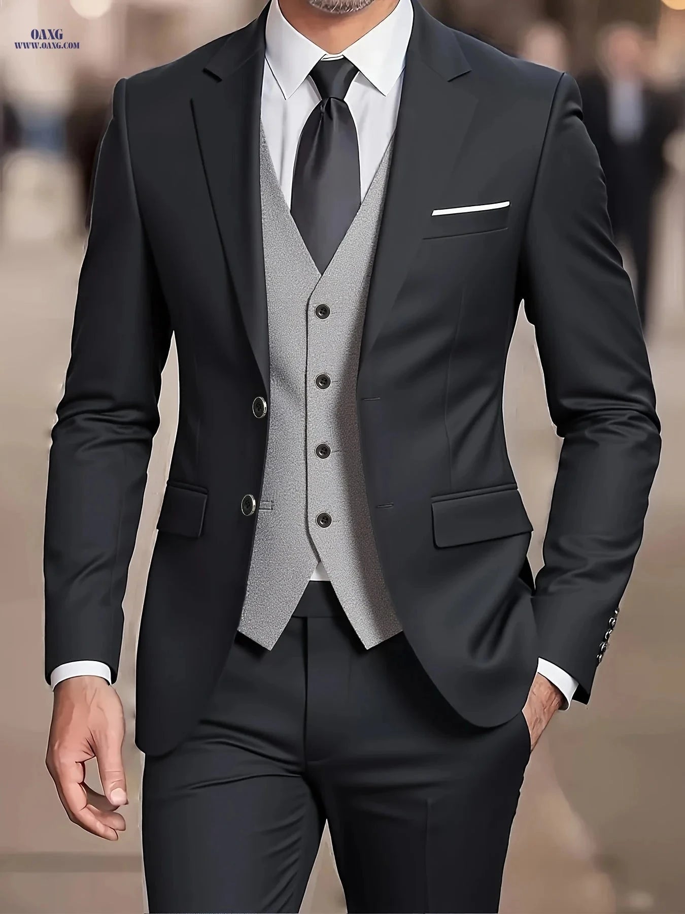 Men's Three-Piece Suit Set - Jacket, Vest, Trousers for Formal Events   OAXG Black 2 / FR XXL