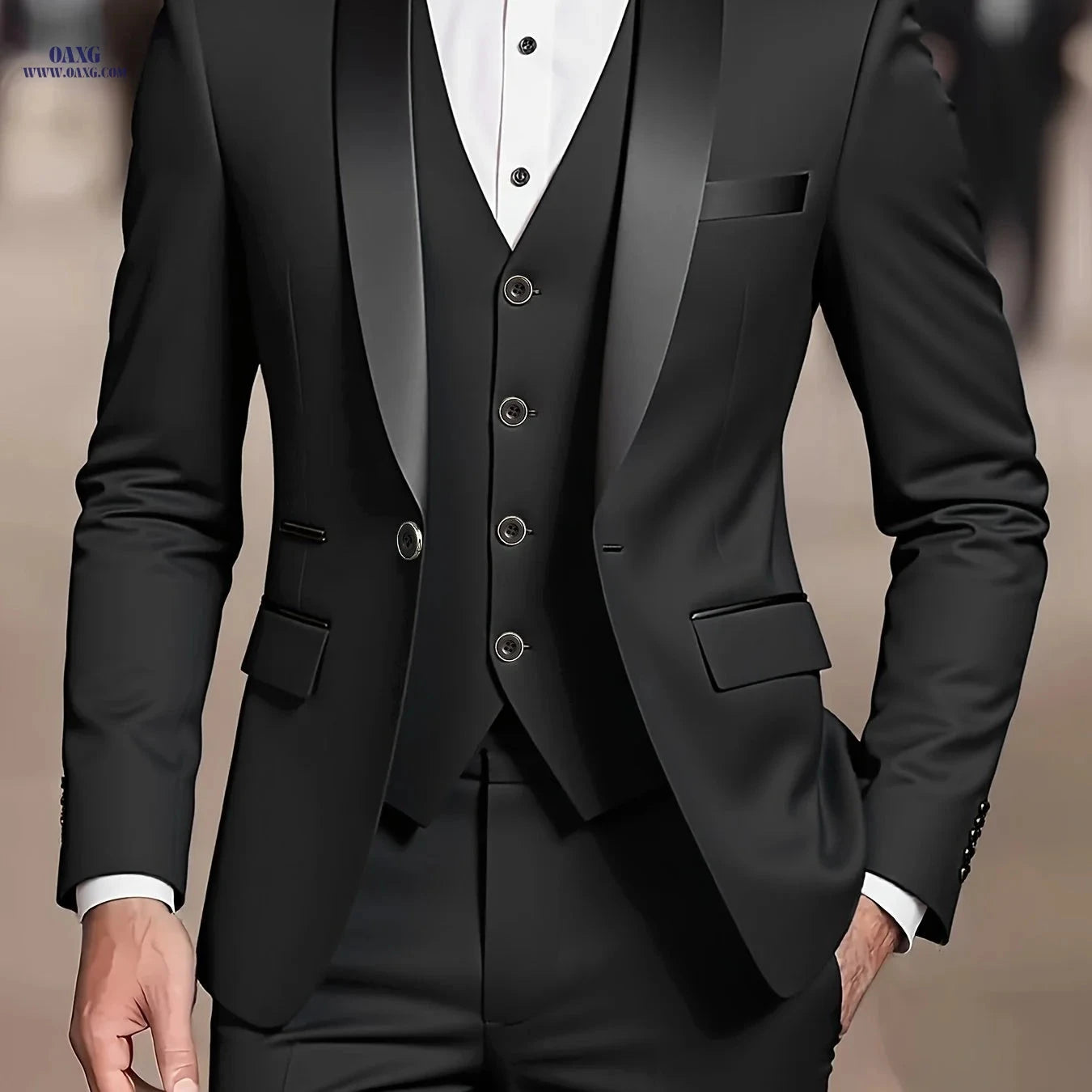 Men's Three-Piece Suit Set - Jacket, Vest, Trousers for Formal Events   OAXG 