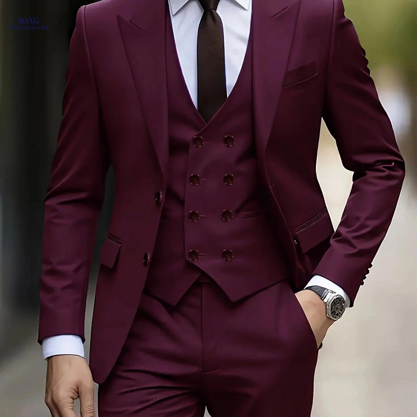 Men's Three-Piece Suit Set - Peak Lapel Jacket, Vest, Pants   OAXG 