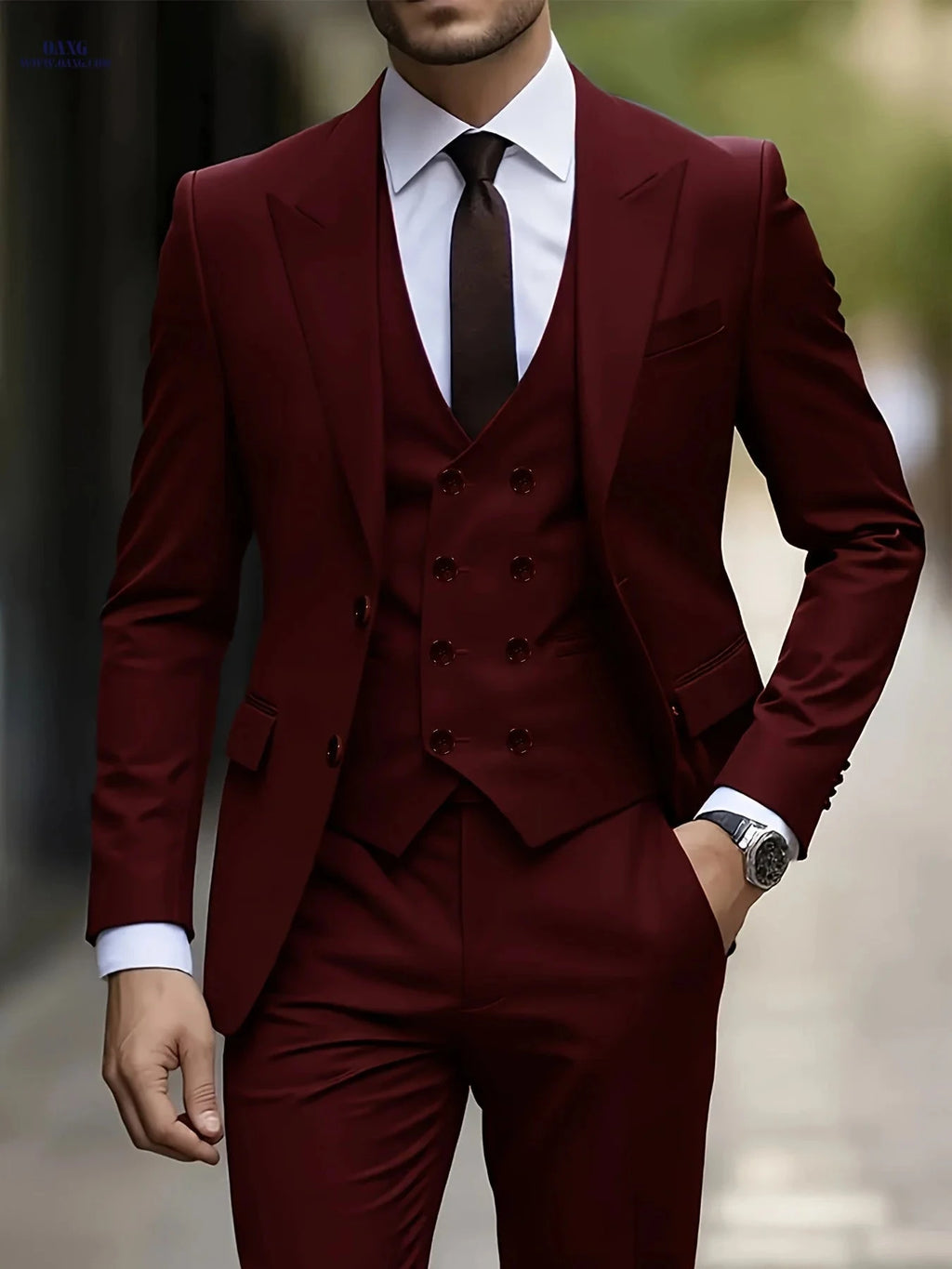 Men's Three-Piece Suit Set - Peak Lapel Jacket, Vest, Pants   OAXG 