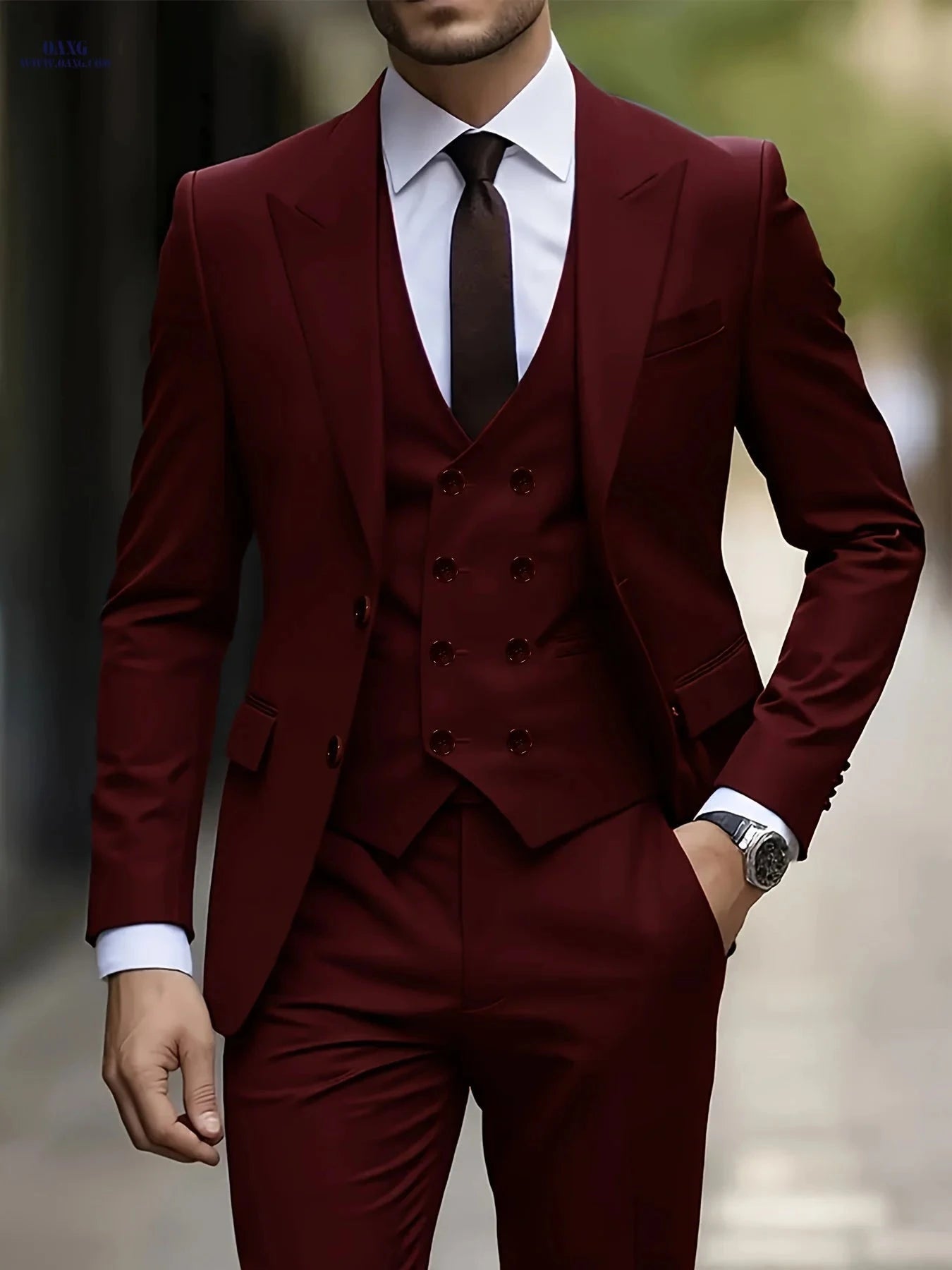 Men's Three-Piece Suit Set - Peak Lapel Jacket, Vest, Pants   OAXG 