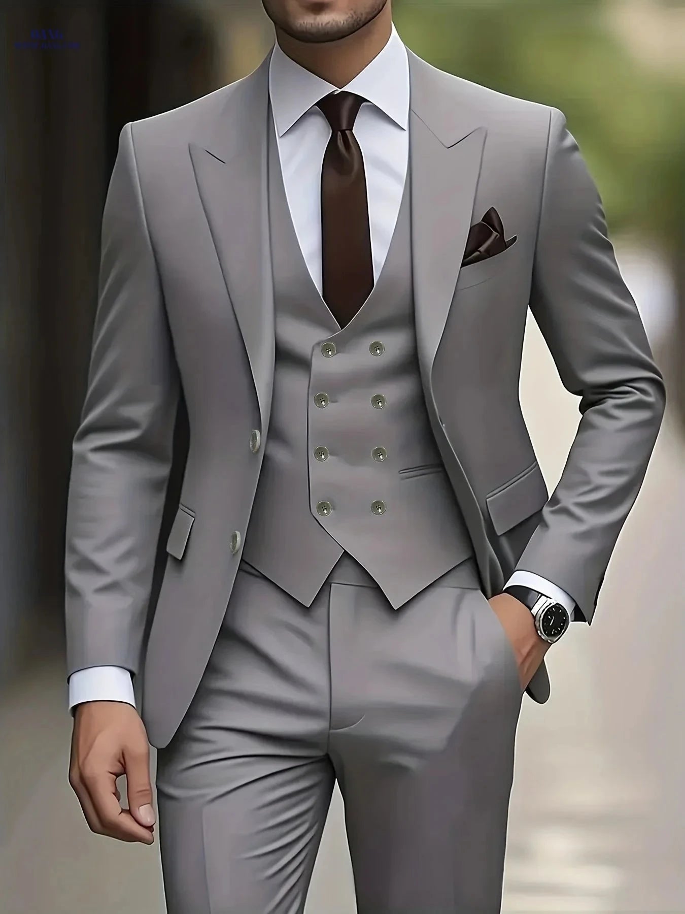 Men's Three-Piece Suit Set - Peak Lapel Jacket, Vest, Pants   OAXG Grey / FR XXS