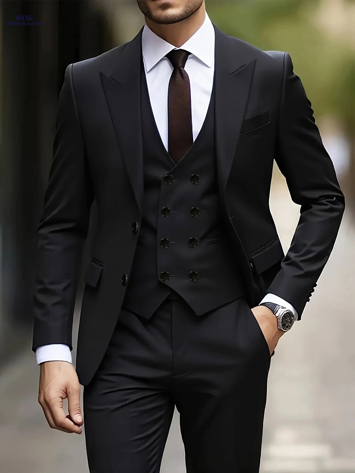 Men's Three-Piece Suit Set - Peak Lapel Jacket, Vest, Pants   OAXG Grey / FR XXS