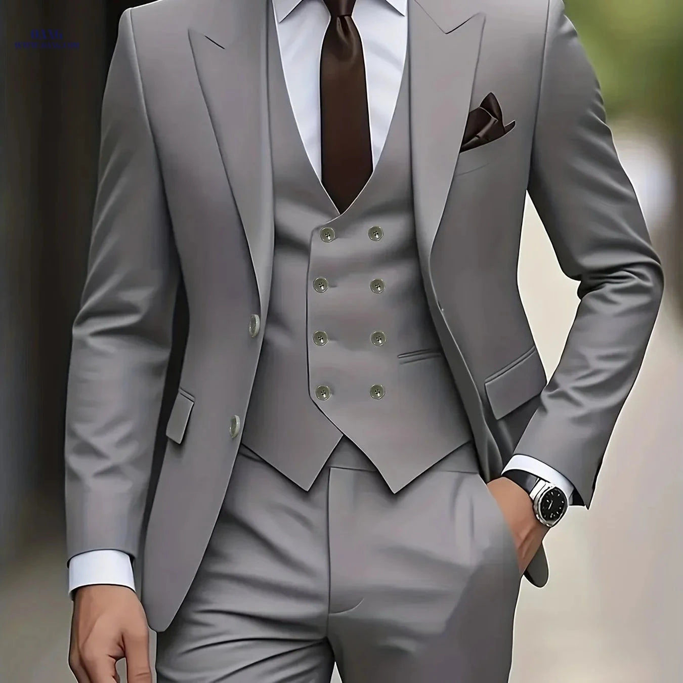Men's Three-Piece Suit Set - Peak Lapel Jacket, Vest, Pants   OAXG Grey / FR XXS