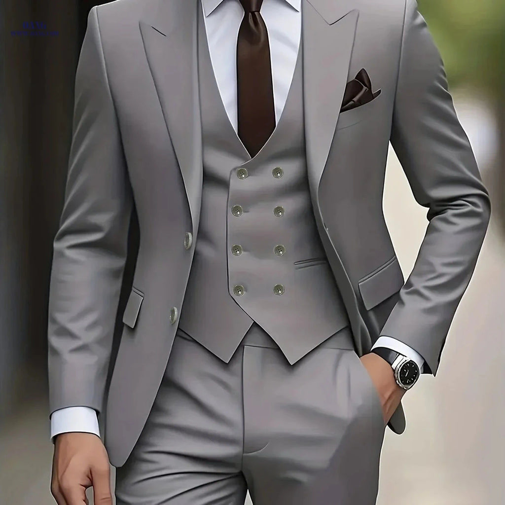 Men's Three-Piece Suit Set - Peak Lapel Jacket, Vest, Pants   OAXG 