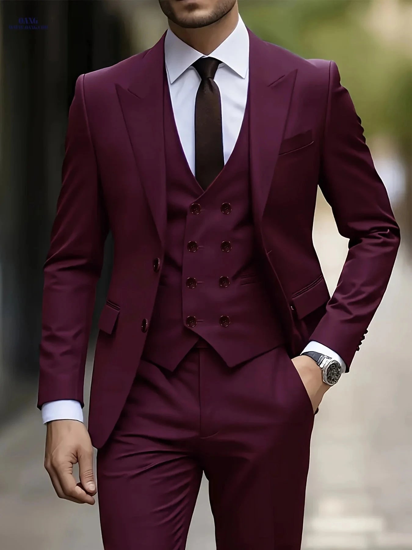 Men's Three-Piece Suit Set - Peak Lapel Jacket, Vest, Pants   OAXG 
