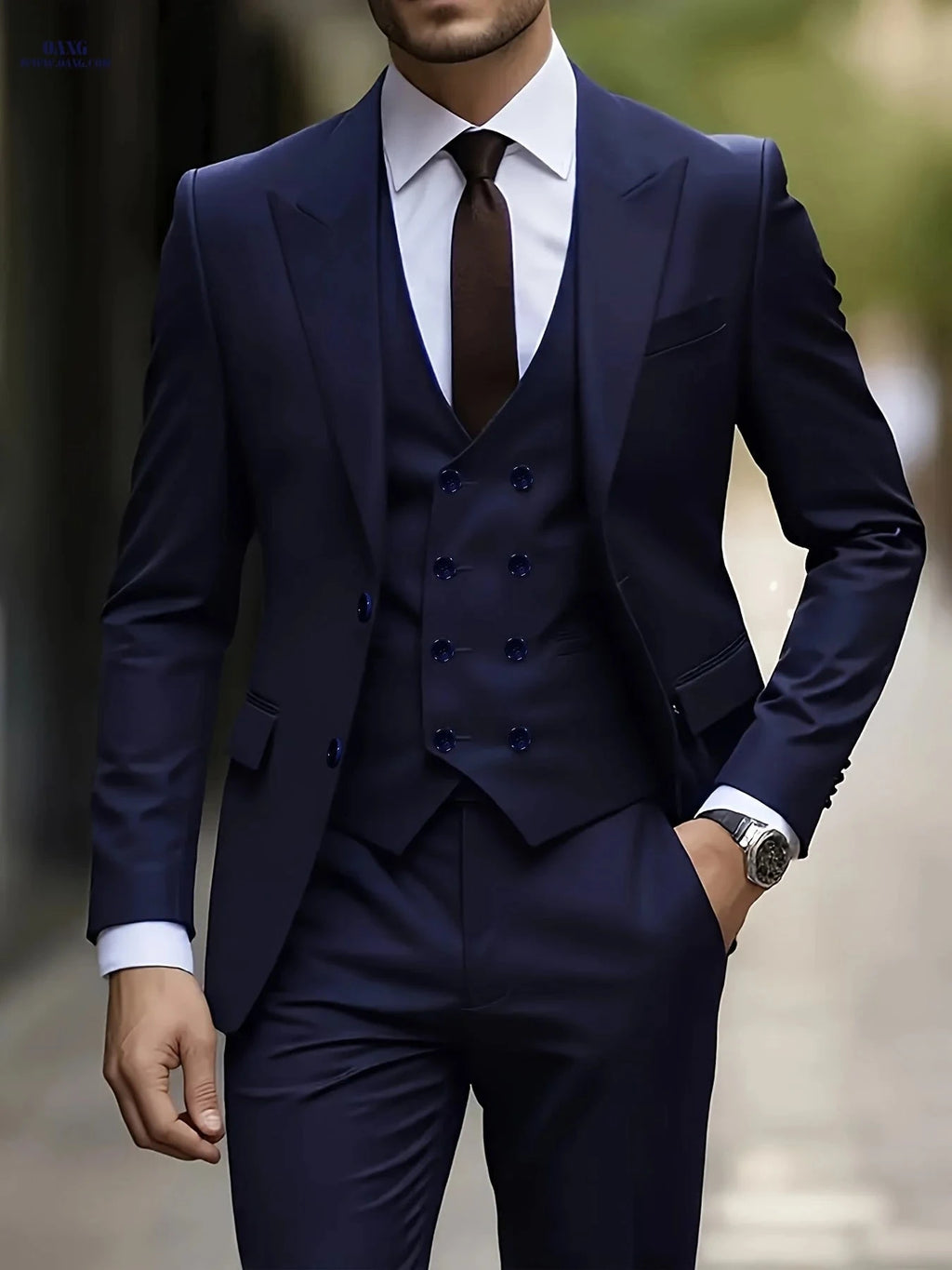 Men's Three-Piece Suit Set - Peak Lapel Jacket, Vest, Pants   OAXG 