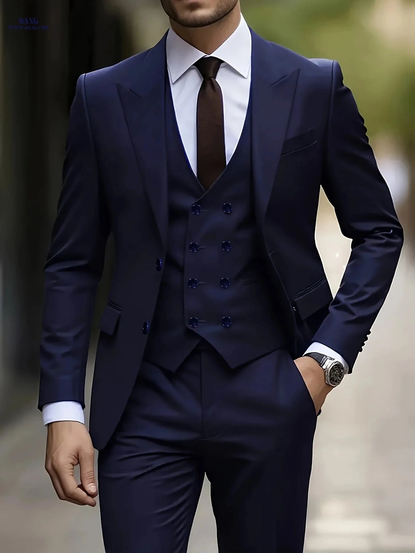 Men's Three-Piece Suit Set - Peak Lapel Jacket, Vest, Pants   OAXG 