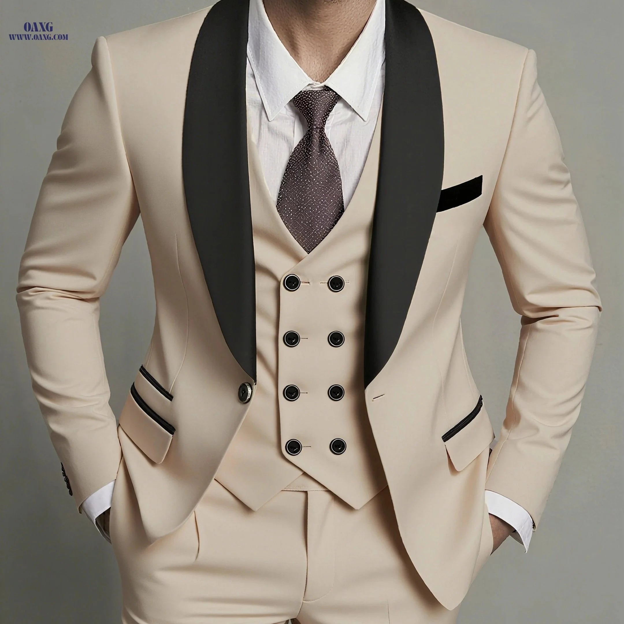 Men's Three-Piece Suit with Notch Lapel for Weddings and Business   OAXG 