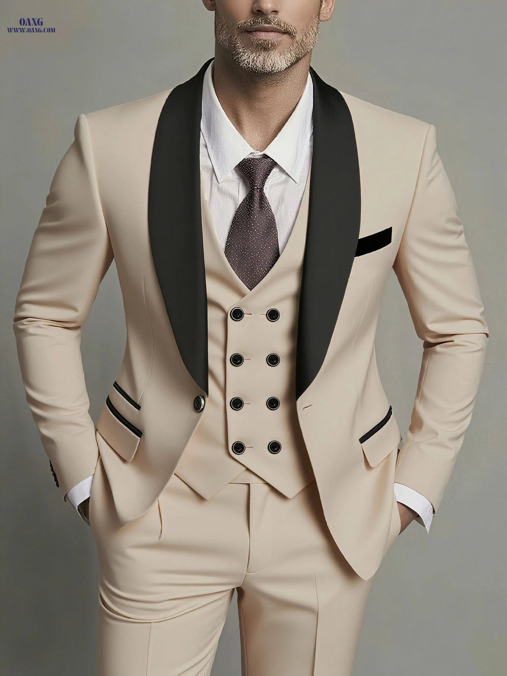 Men's Three-Piece Suit with Notch Lapel for Weddings and Business   OAXG 