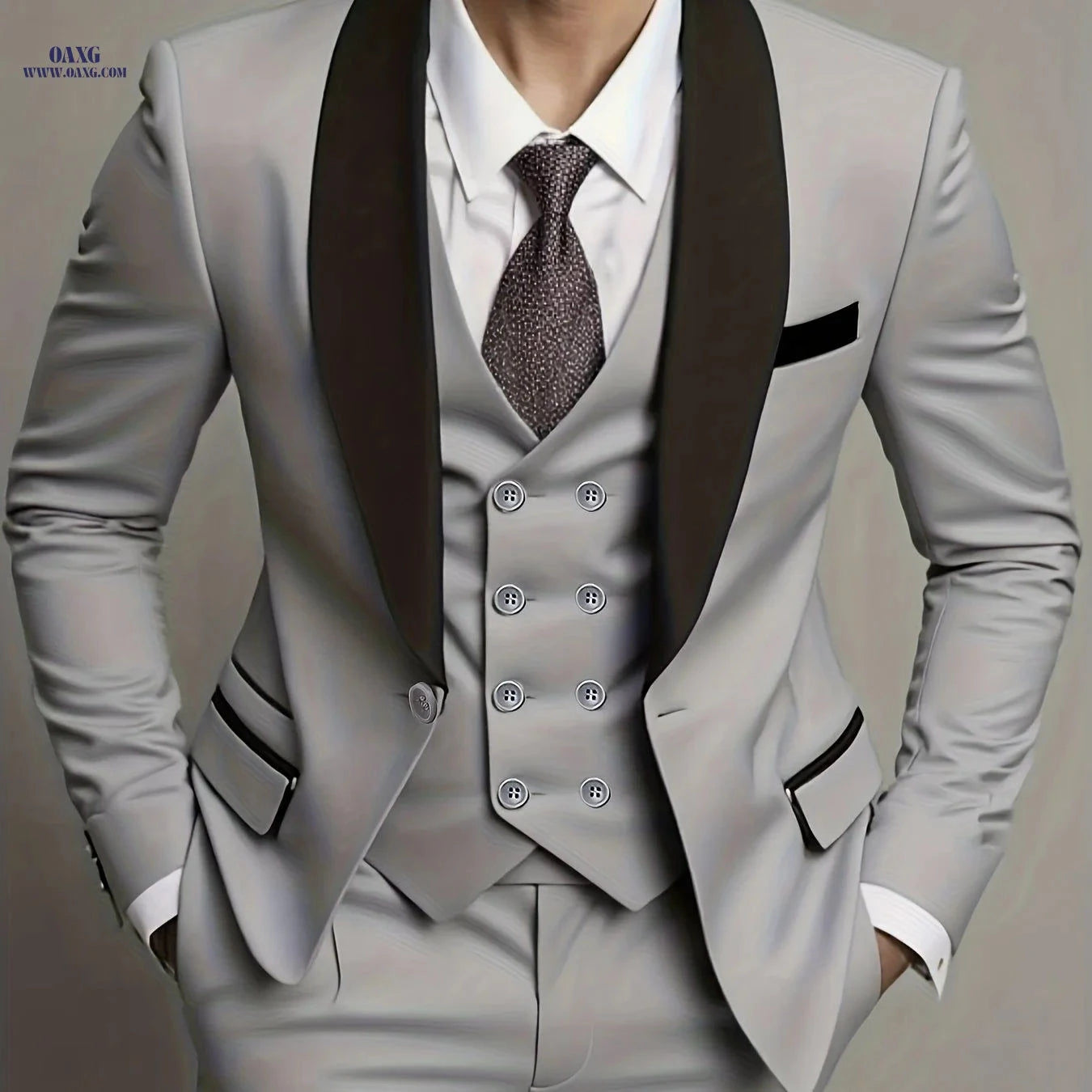 Men's Three-Piece Suit with Notch Lapel for Weddings and Business   OAXG 