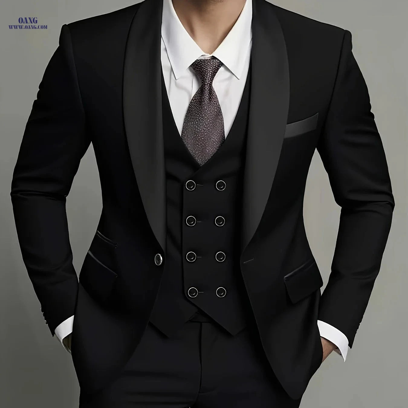 Men's Three-Piece Suit with Notch Lapel for Weddings and Business   OAXG Grey / FR XXS