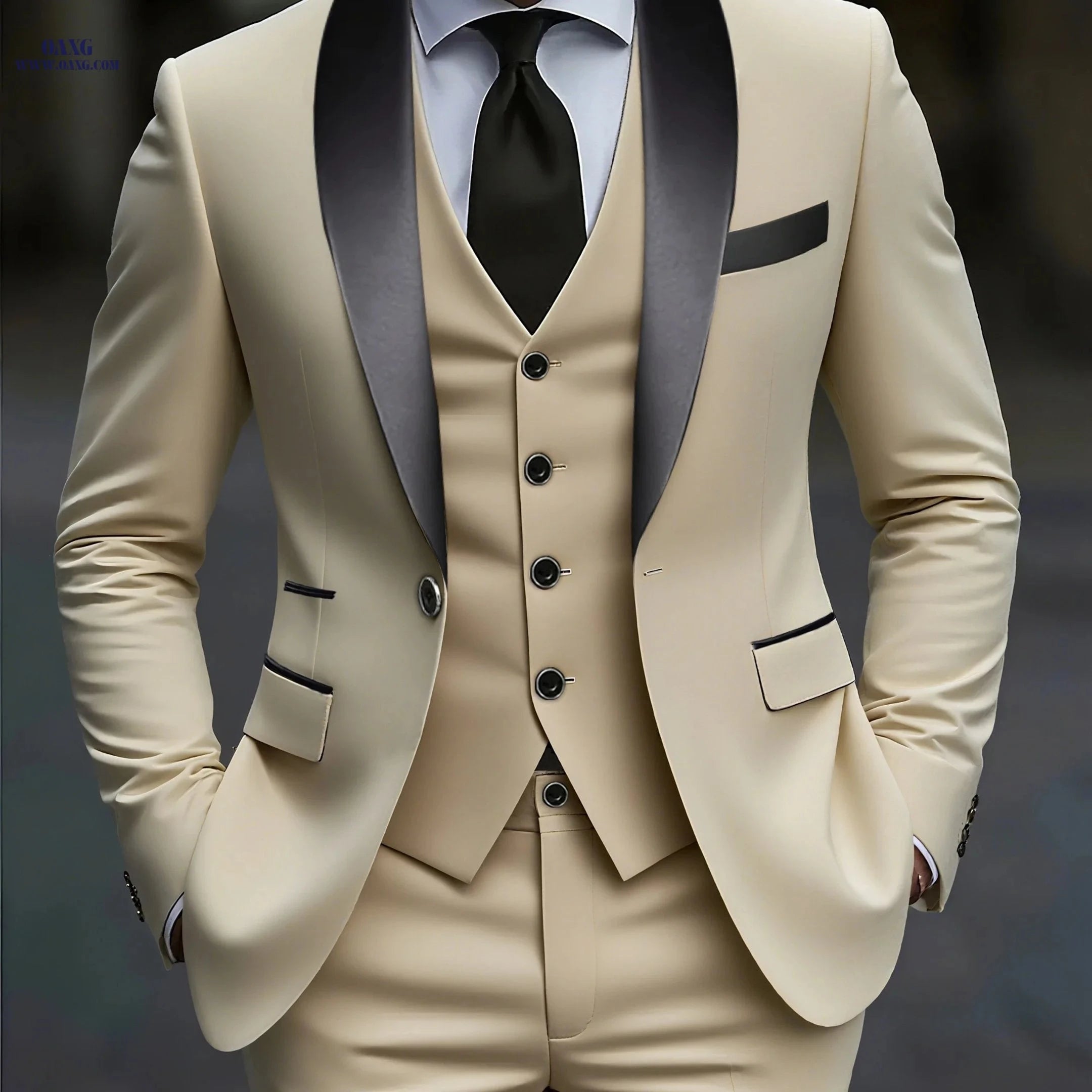 Men's Three-Piece Suit with Notch Lapel for Weddings and Business   OAXG Grey / FR XXS