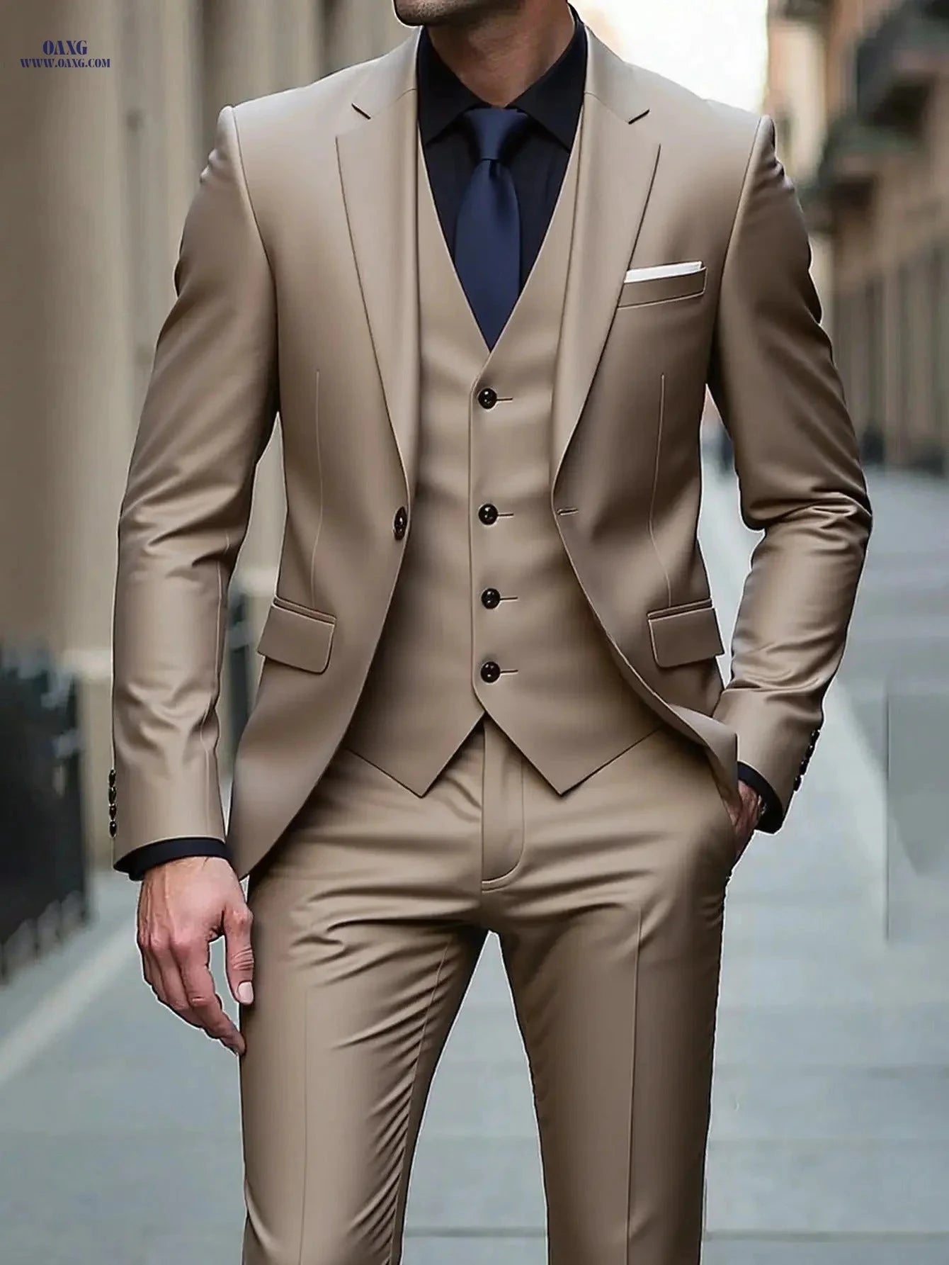 Men's Three-Piece Tuxedo Suit - Tailored for Weddings & Formal Events   OAXG Navy Blue / FR XXS