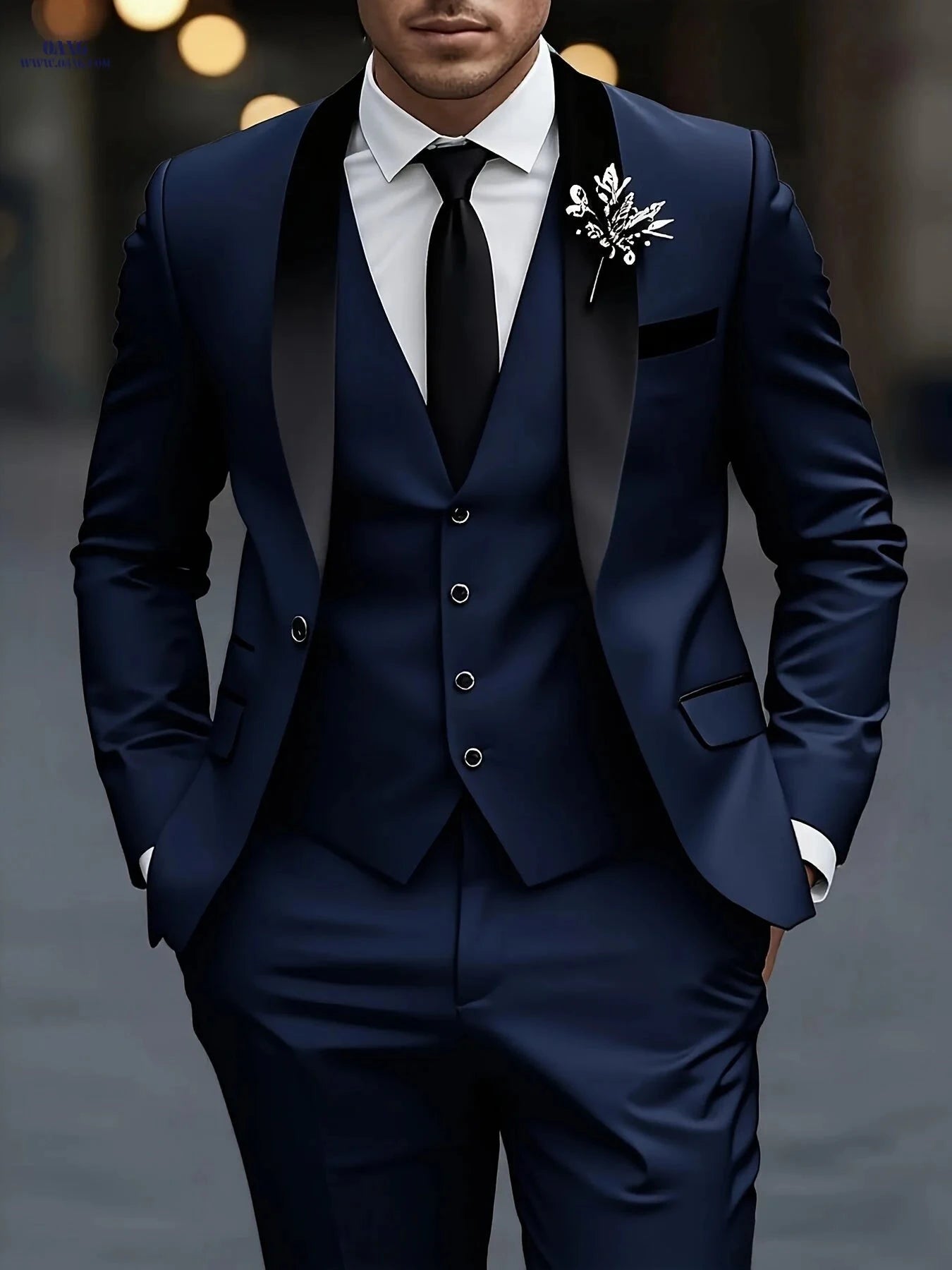 Men's Three-Piece Tuxedo Suit - Tailored for Weddings & Formal Events   OAXG Navy Blue / FR XXS
