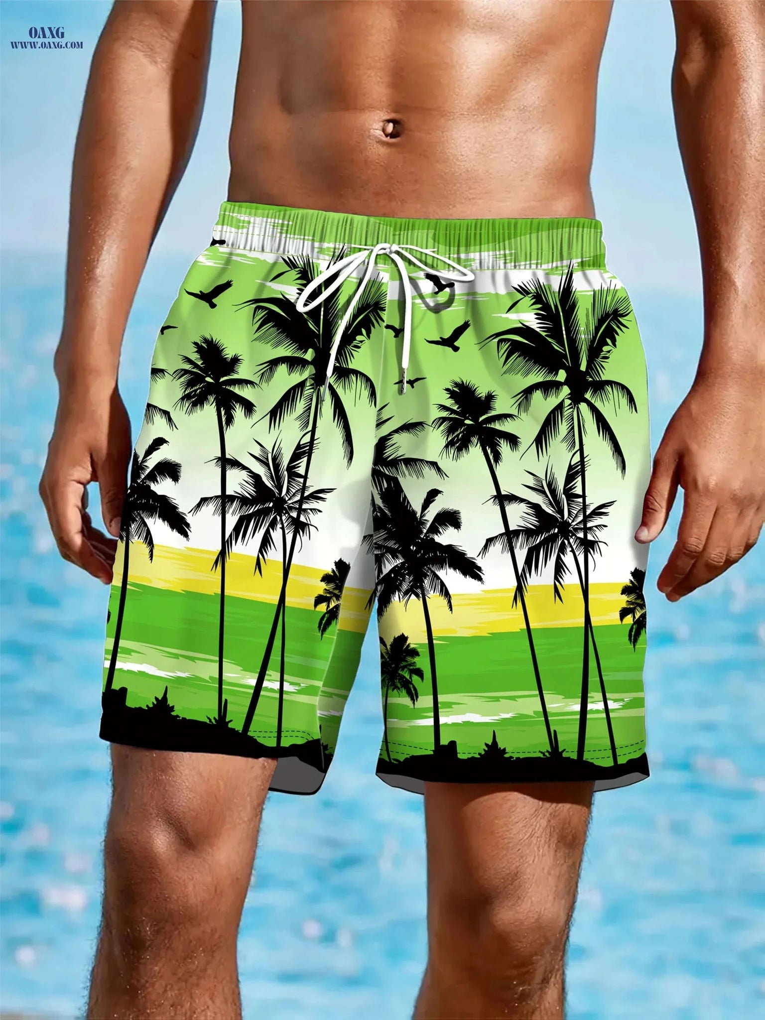 Men's Tie-Dye Beach Shorts - Drawstring, 2 Pockets, Summer Suit   OAXG Yellow-green / M