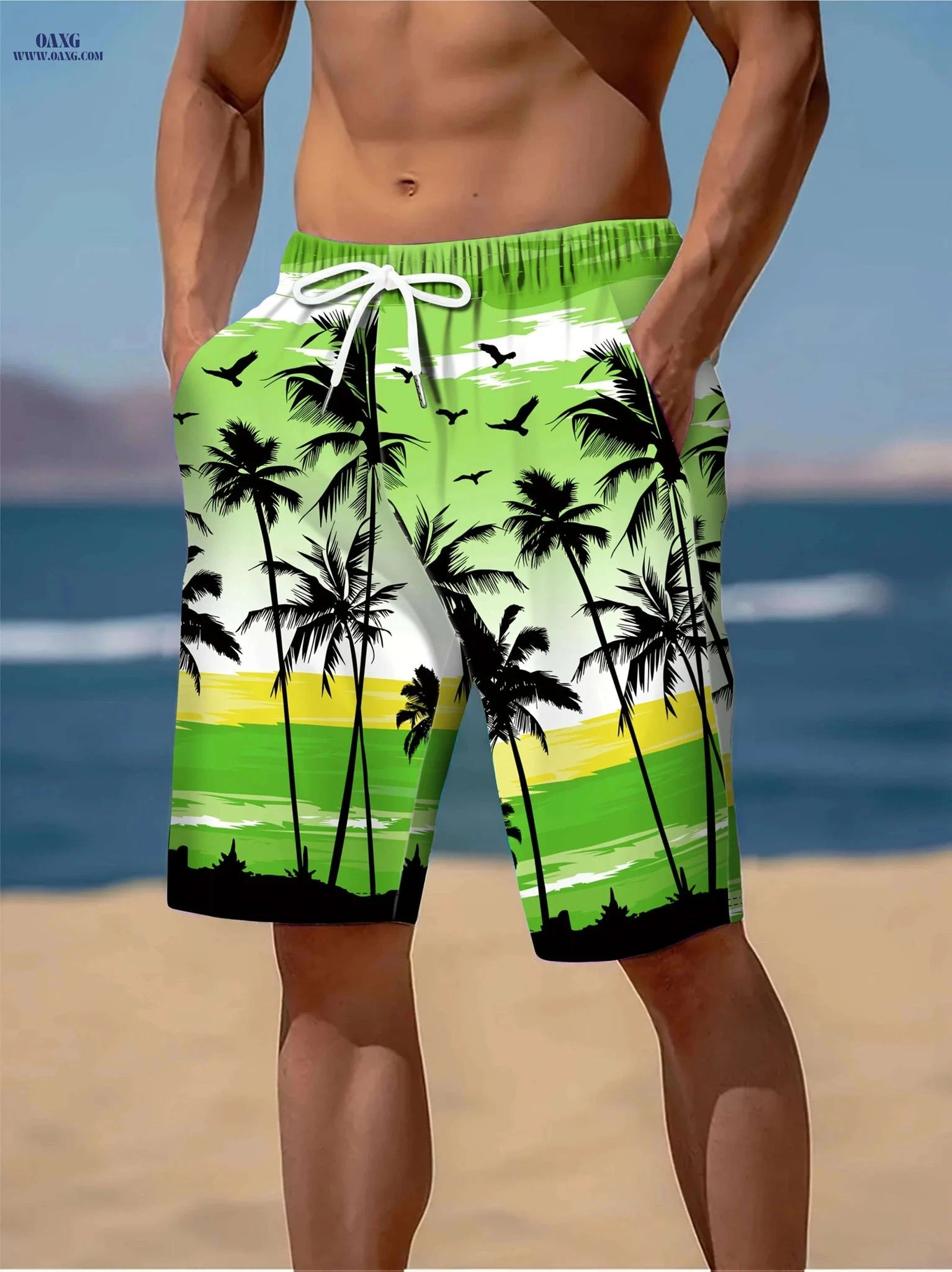Men's Tie-Dye Beach Shorts - Drawstring, 2 Pockets, Summer Suit   OAXG Yellow-green / M