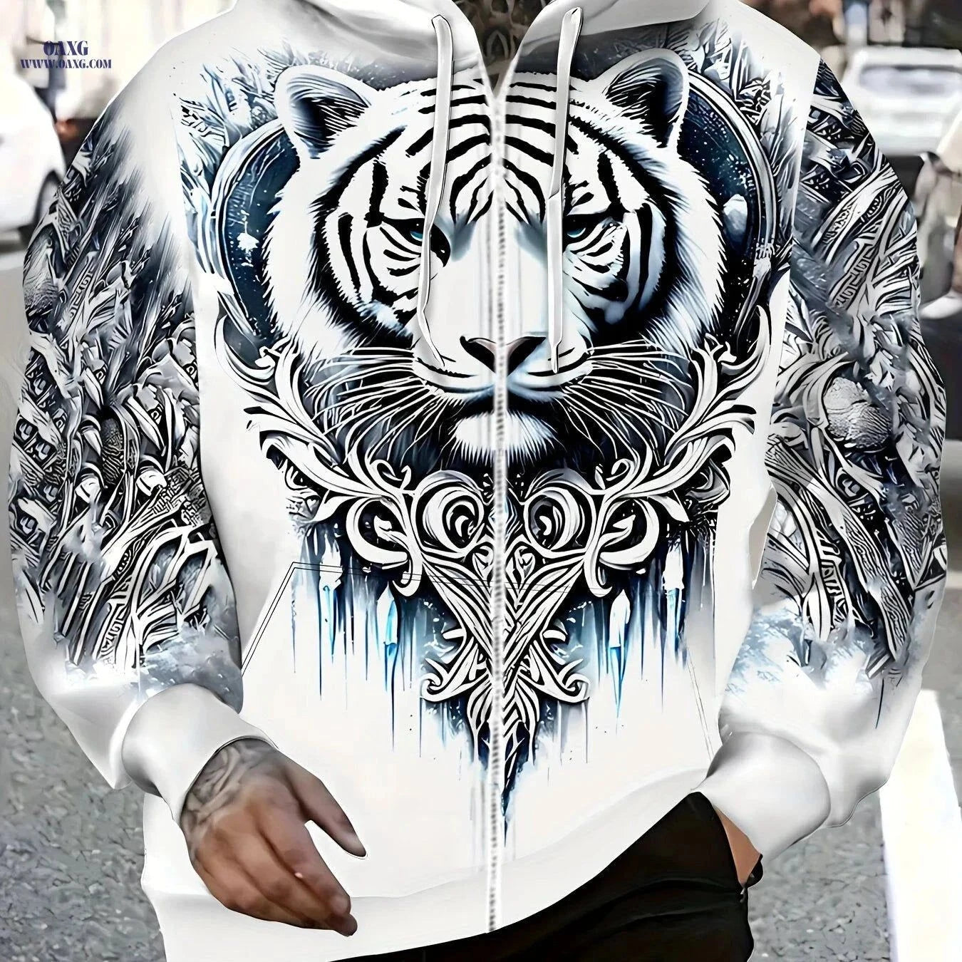 Men's Tiger Head Print Hoodie - Zipper Sweatshirt for Casual Wear   OAXG Ct White / FR M