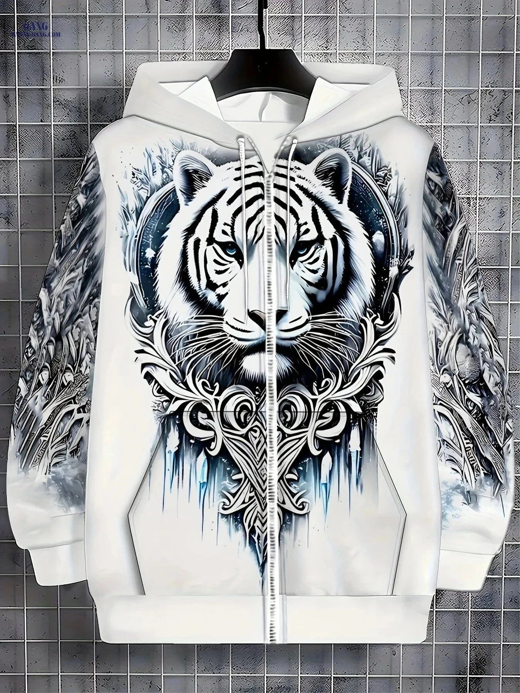 Men's Tiger Head Print Hoodie - Zipper Sweatshirt for Casual Wear   OAXG Ct White / FR M