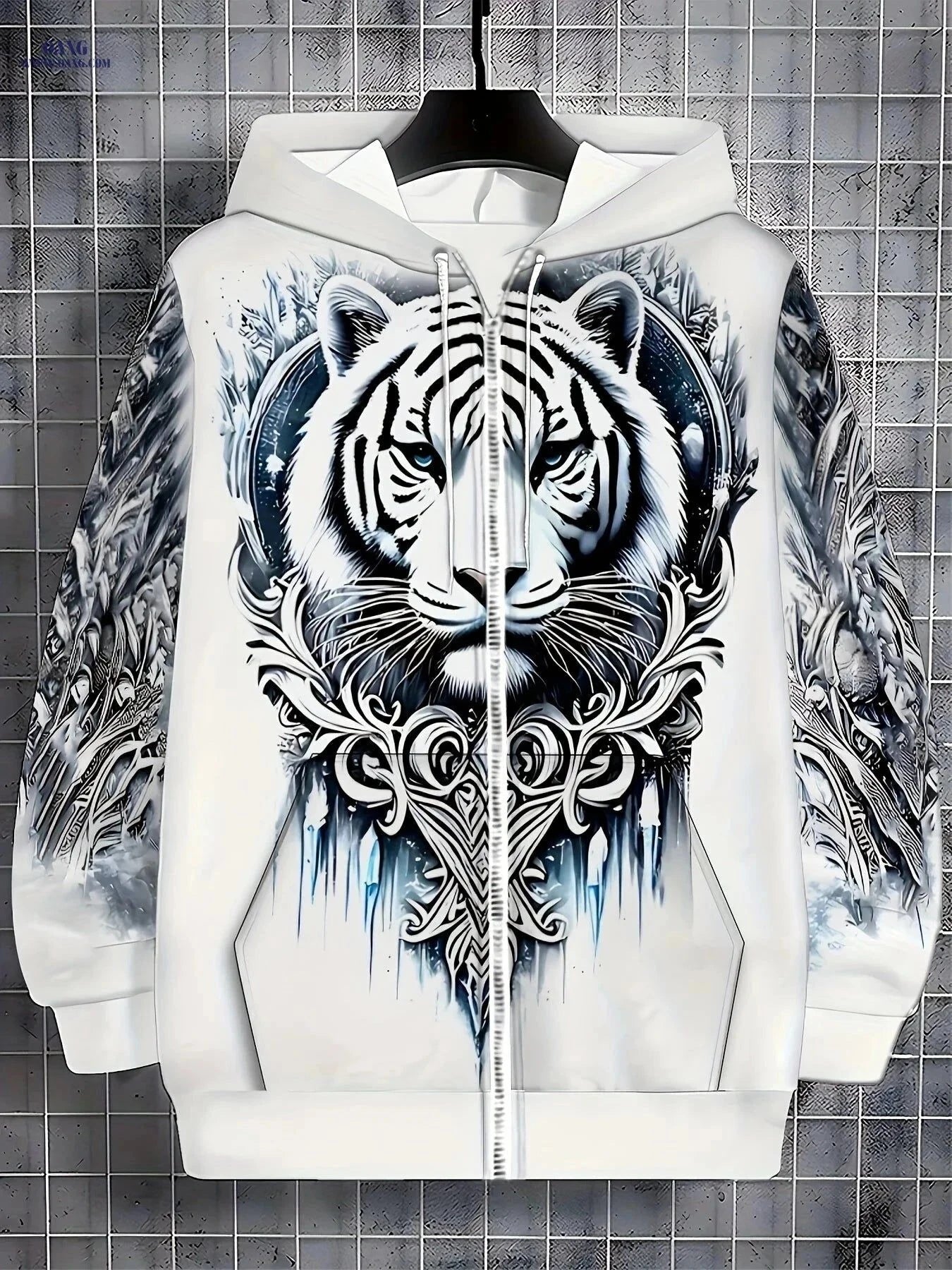 Men's Tiger Head Print Hoodie - Zipper Sweatshirt for Casual Wear   OAXG Ct White / FR M