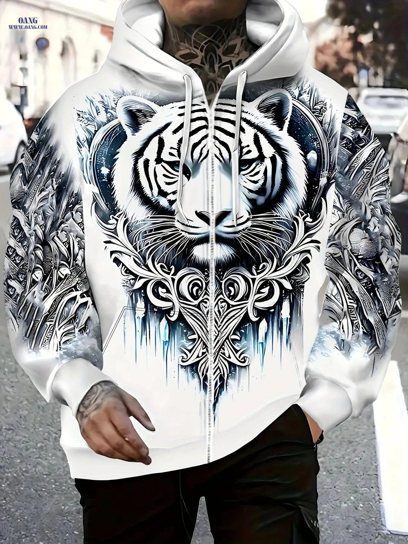 Men's Tiger Head Print Hoodie - Zipper Sweatshirt for Casual Wear   OAXG Ct White / FR M