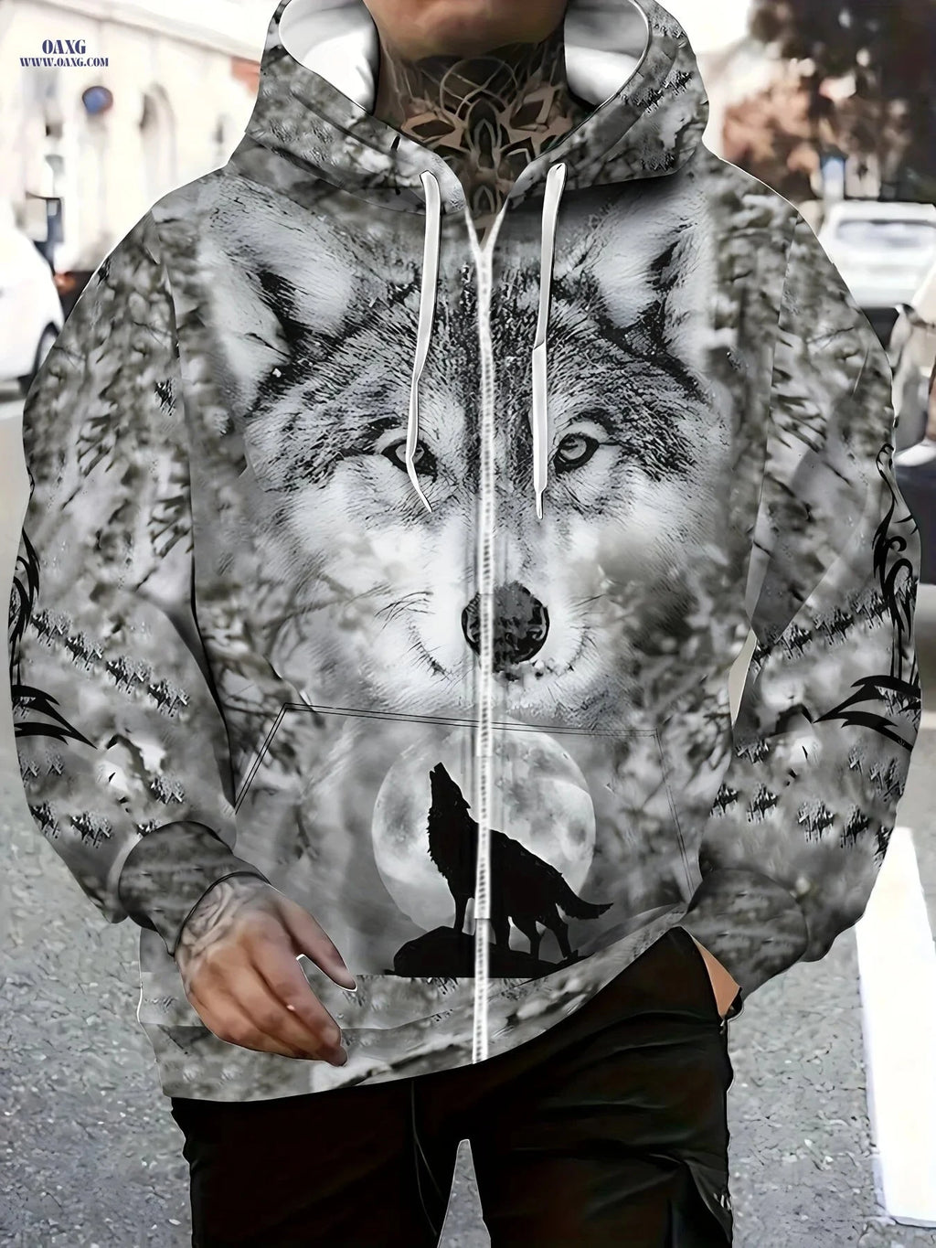 Men's Tiger Print Hooded Sweatshirt - Zip-Up Casual Jacket   OAXG Grey / FR M