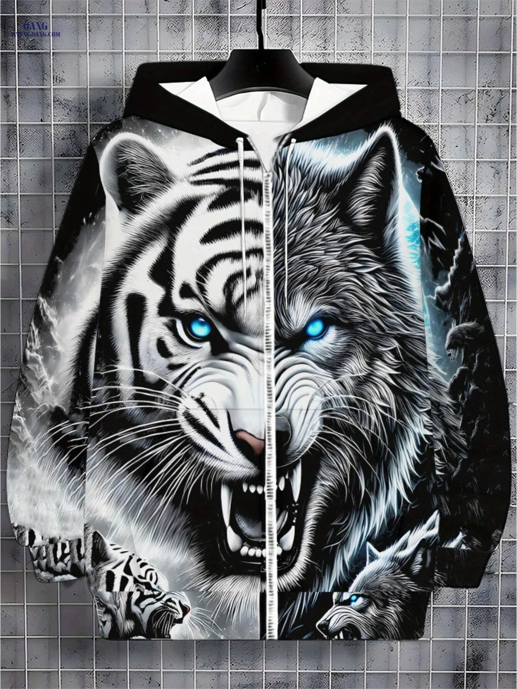 Men's Tiger Print Hoodie - Lightweight Zip-Up Sportswear for Outdoor   OAXG 