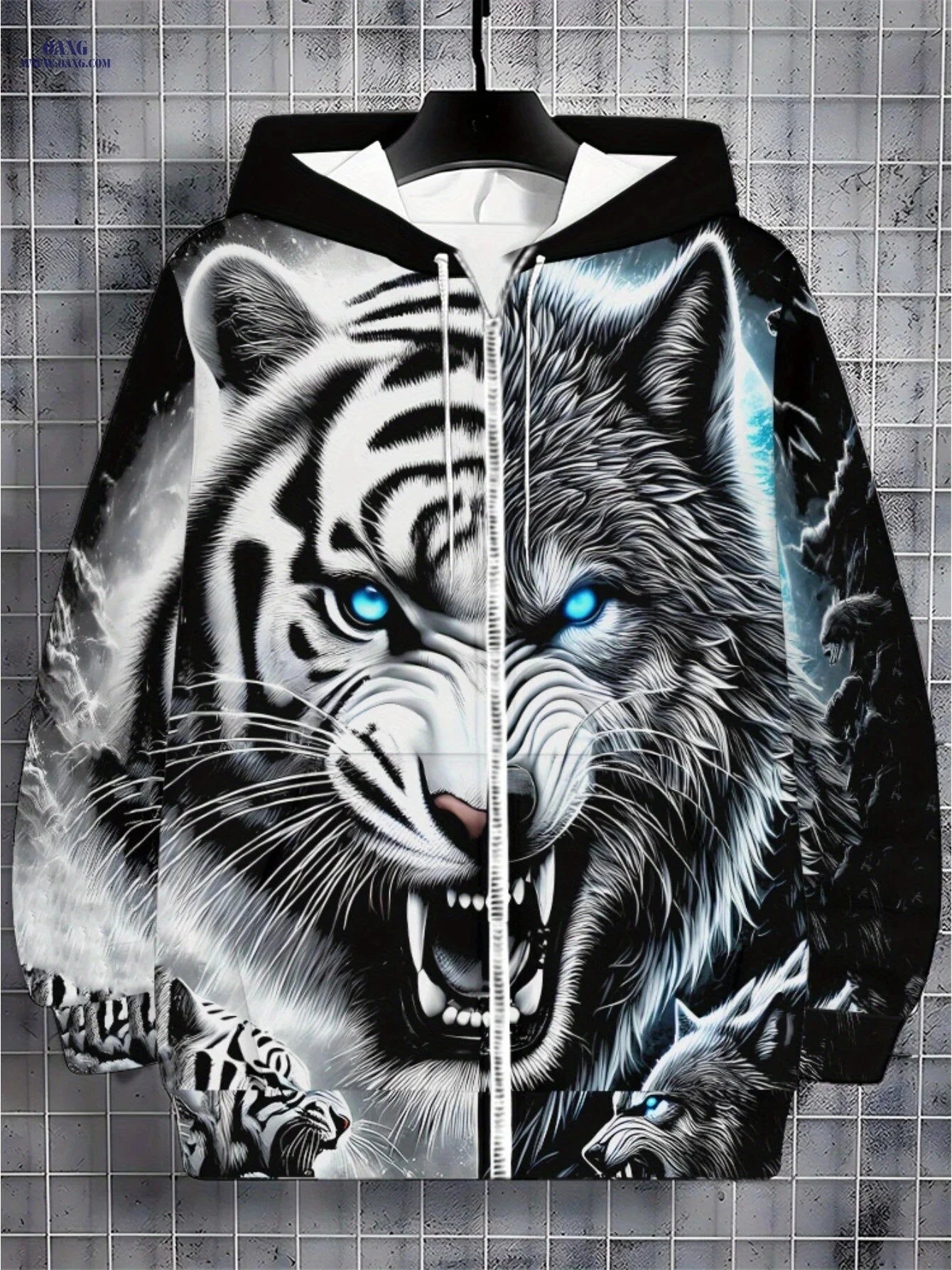 Men's Tiger Print Hoodie - Lightweight Zip-Up Sportswear for Outdoor   OAXG 