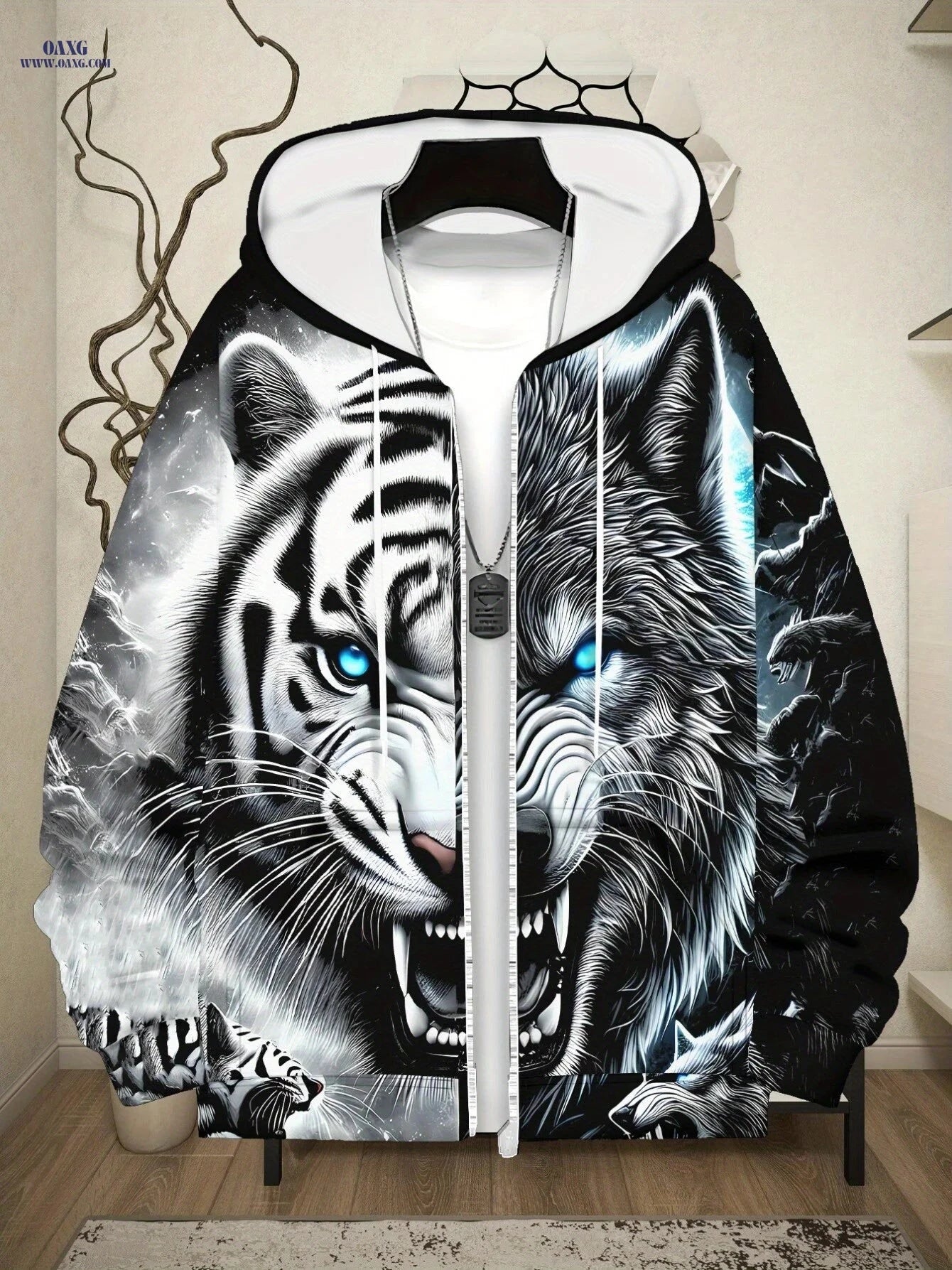 Men's Tiger Print Hoodie - Lightweight Zip-Up Sportswear for Outdoor   OAXG 【Multicolor】 / FR M