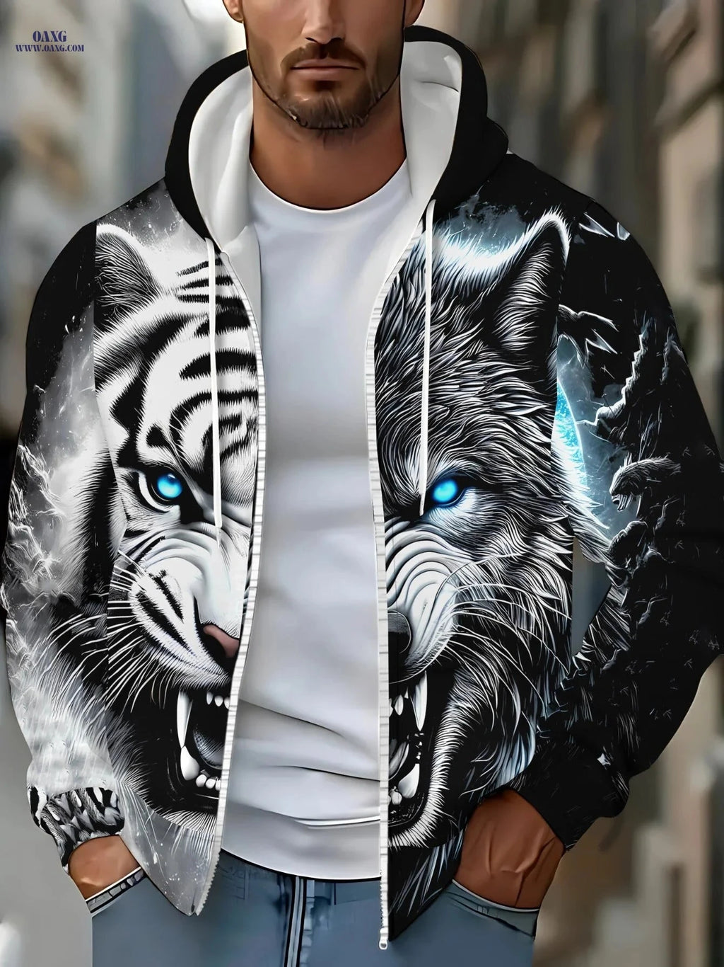 Men's Tiger Print Hoodie - Lightweight Zip-Up Sportswear for Outdoor   OAXG 