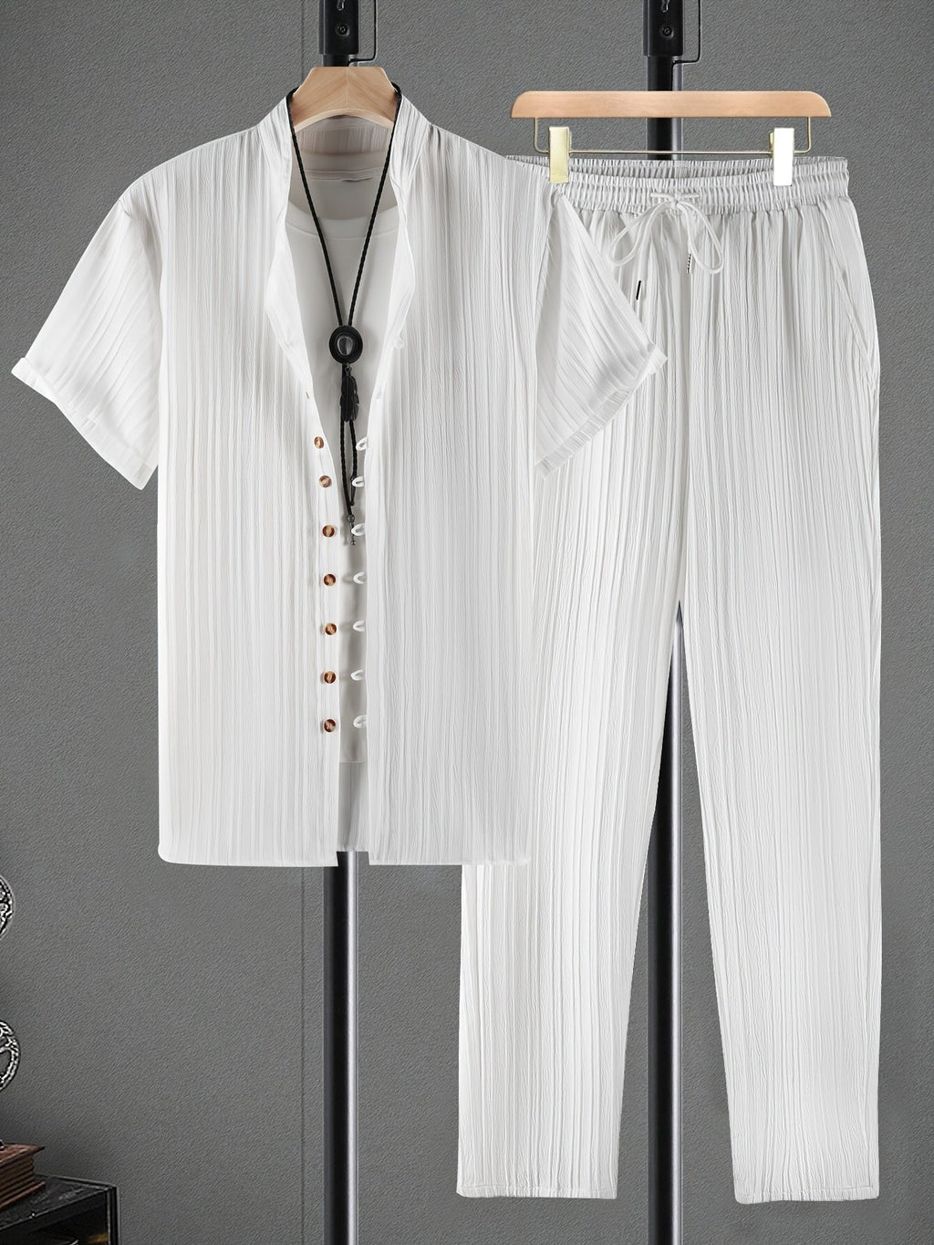 Men's Trendy Casual 2-Piece Set - Wave Stripe Short Sleeve Top & Pants   OAXG 