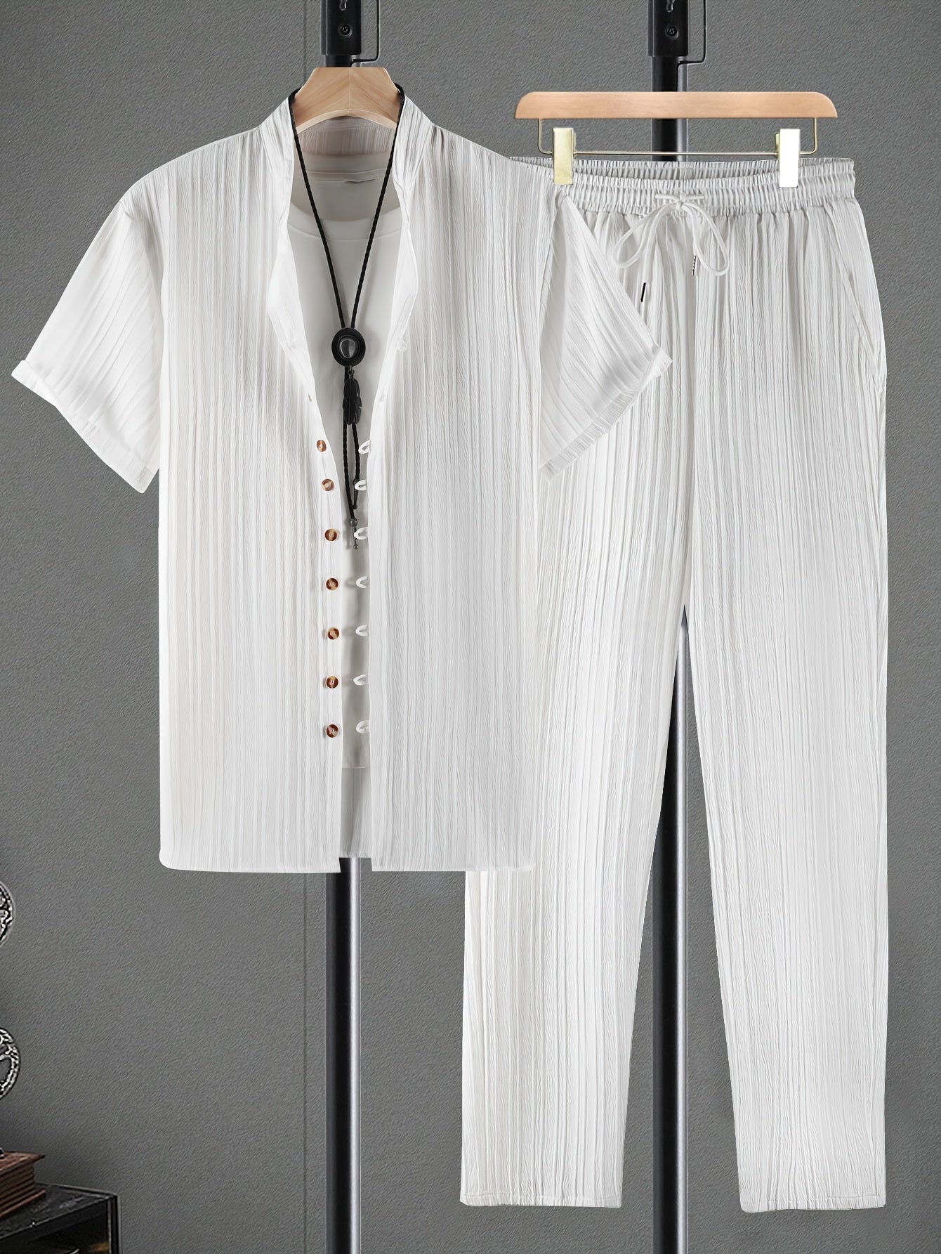 Men's Trendy Casual 2-Piece Set - Wave Stripe Short Sleeve Top & Pants   OAXG 