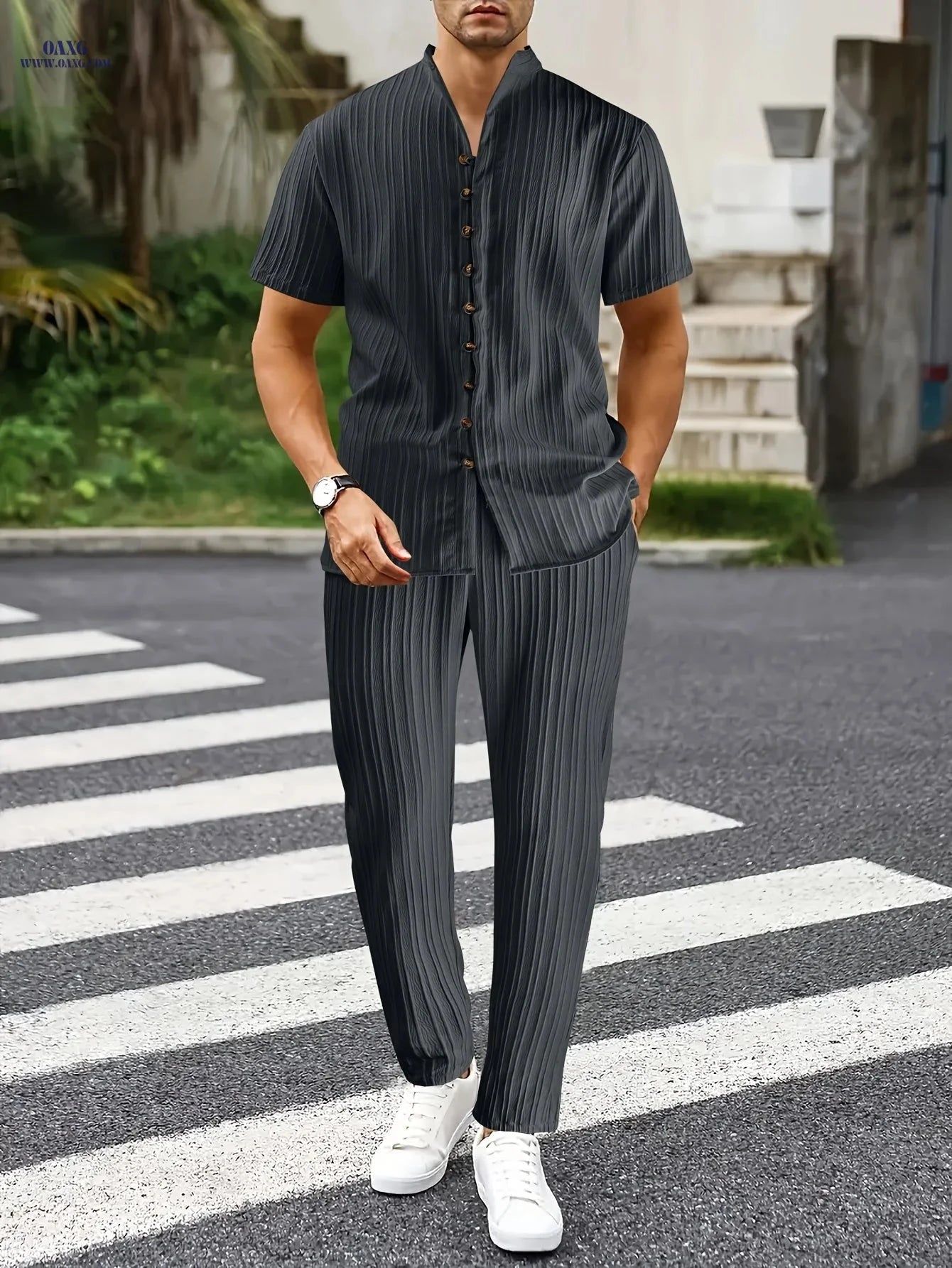 Men's Trendy Casual 2-Piece Set - Wave Stripe Short Sleeve Top & Pants   OAXG 