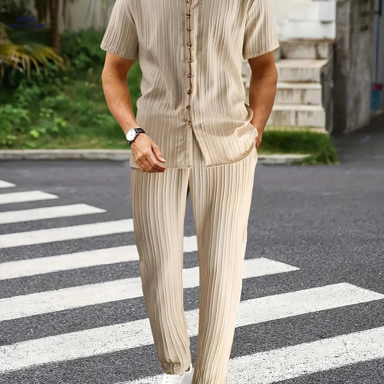 Men's Trendy Casual 2-Piece Set - Wave Stripe Short Sleeve Top & Pants   OAXG 