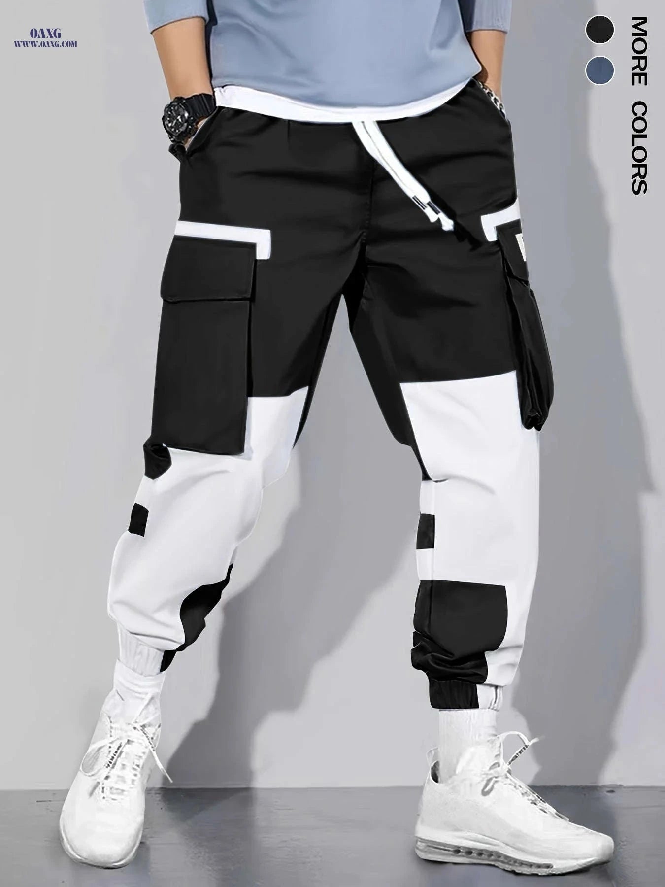 Men's Trendy Loose Cargo Pants - Multi-Pocket Color Block Design   OAXG Black / FR S