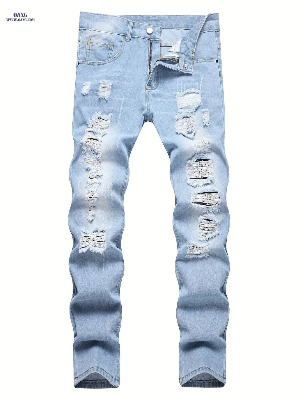Men's Trendy Ripped Denim Jeans - Casual Street Style, Mid Waist   OAXG Light Washed Blue / FR 34-36