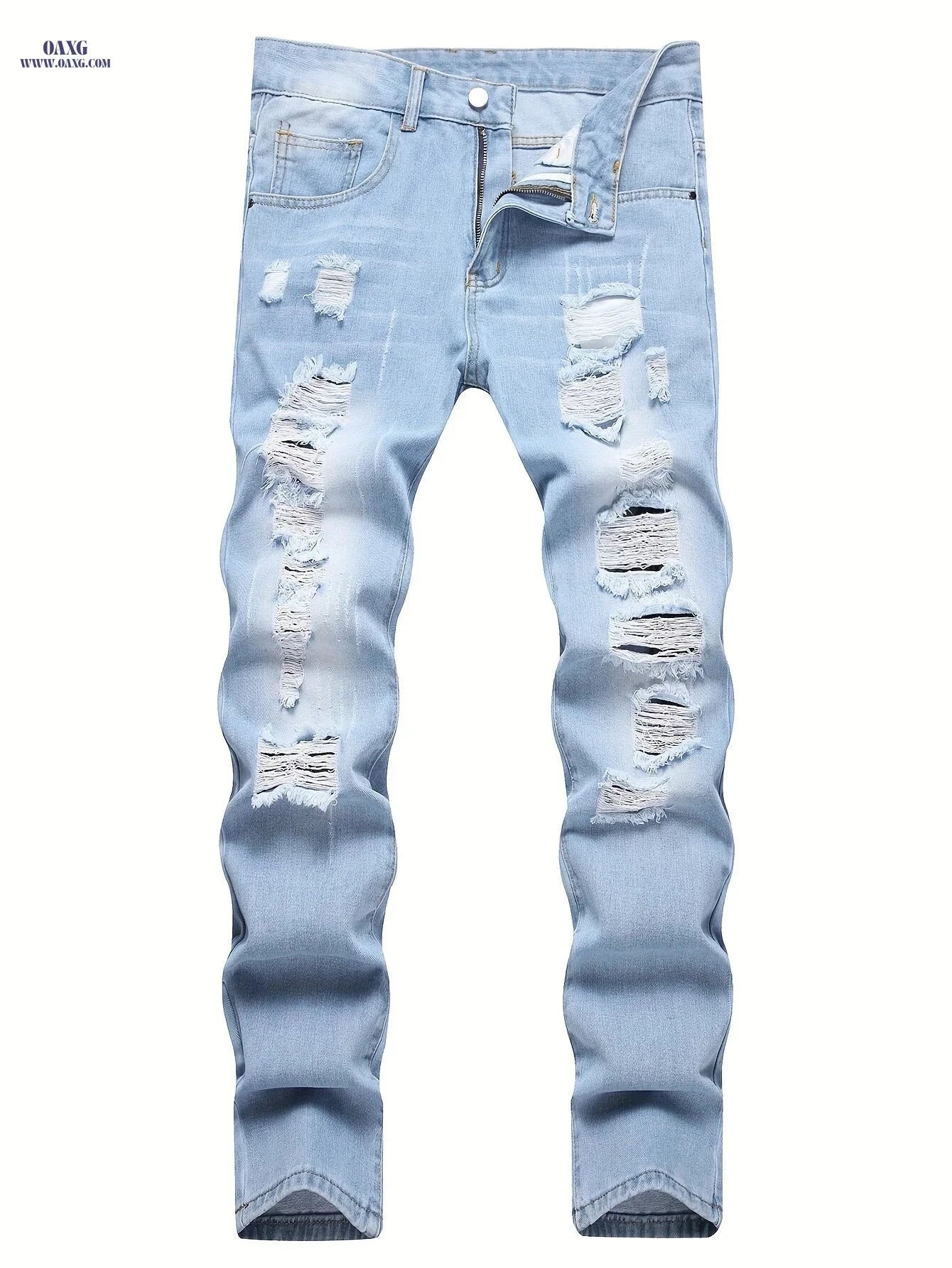 Men's Trendy Ripped Denim Jeans - Casual Street Style, Mid Waist   OAXG Light Washed Blue / FR 34-36