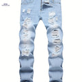 Men's Trendy Ripped Denim Jeans - Casual Street Style, Mid Waist   OAXG Light Washed Blue / FR 34-36